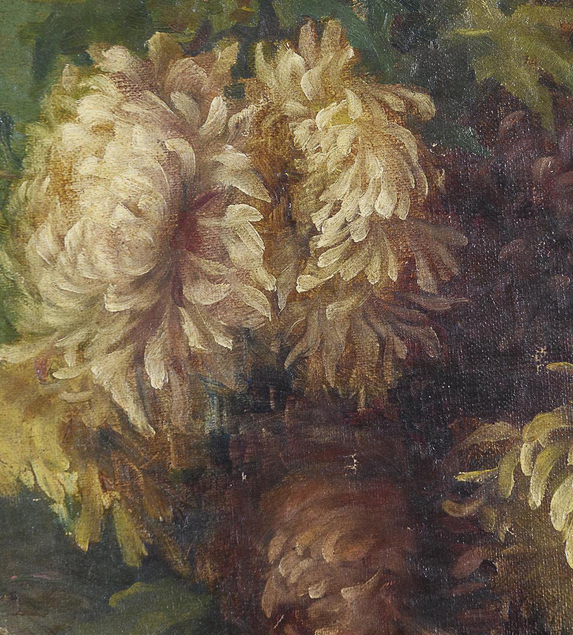 A.B. Stringi (?)
Early 19th cent.; Probably Sicily, Italy
Oil on canvas in giltwood frame

Approximate size: 19 inches (diameter)

The present painting features a bouquet of mixed aster maladies in subdued whites, pinks and yellows framed within a