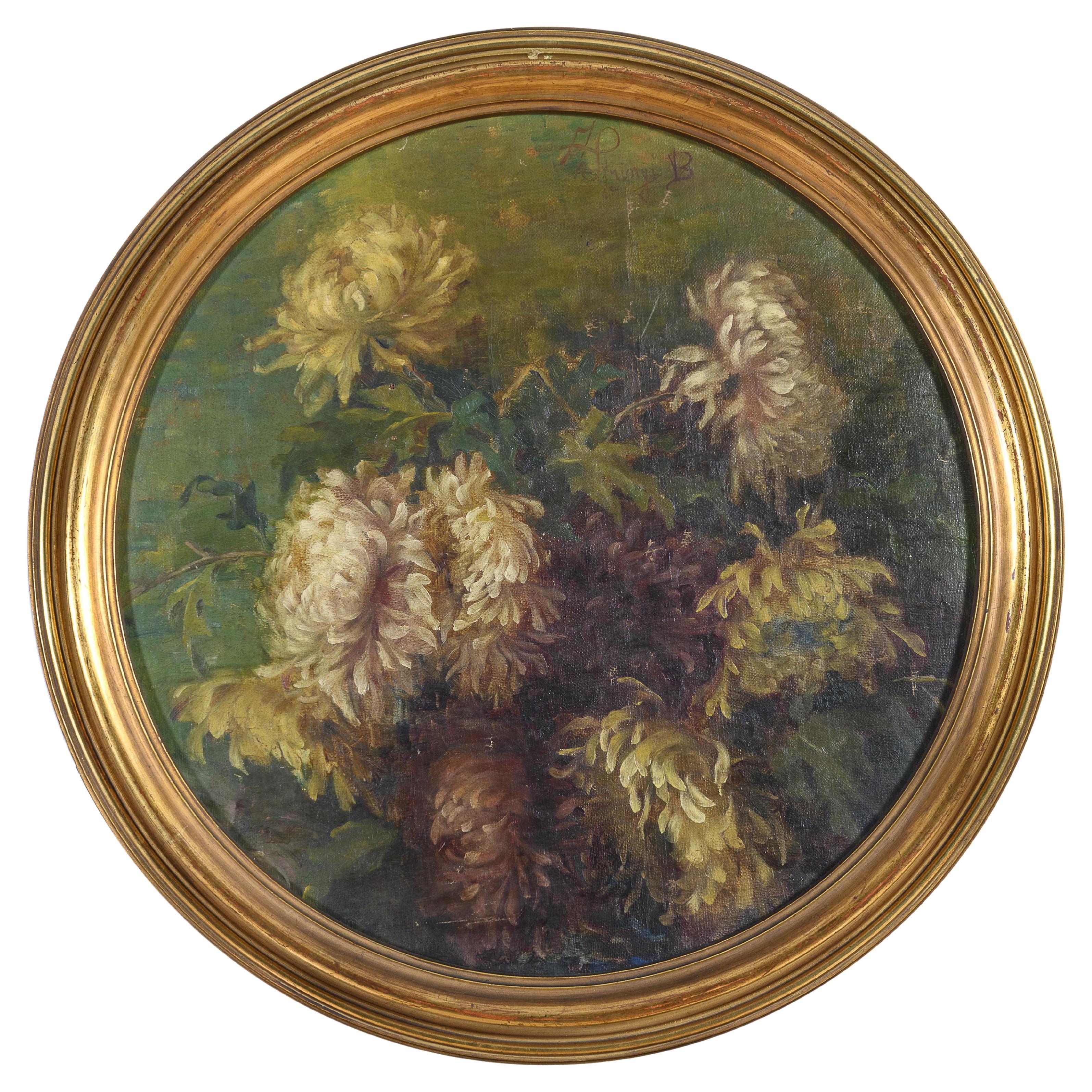 Italienisches Vintage-Blumen-Ölgemälde des 19. Jahrhunderts in rundem vergoldetem Holzrahmen