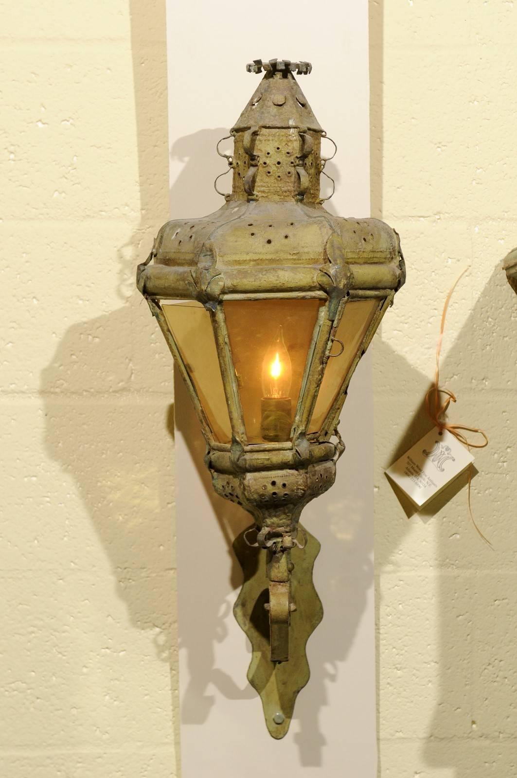 19th century Italian wall-mounted painted tole lantern w/ old glass.