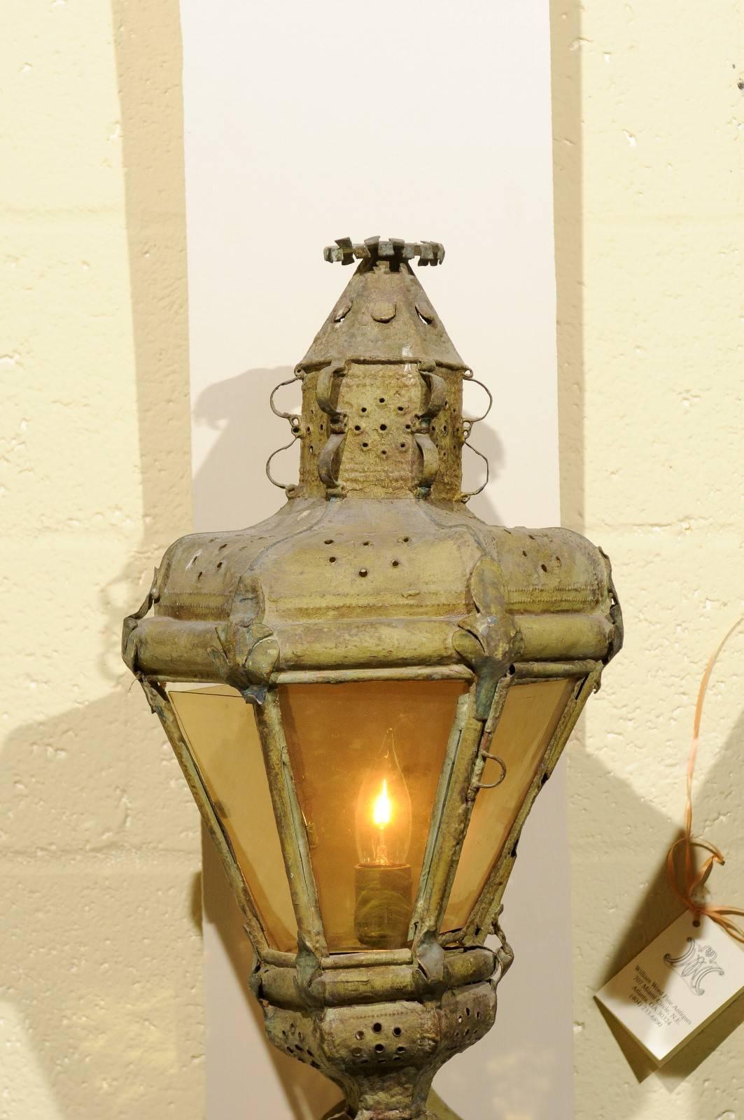 European 19th Century Italian Wall-Mounted Painted Tole Lantern w/ Old Glass For Sale