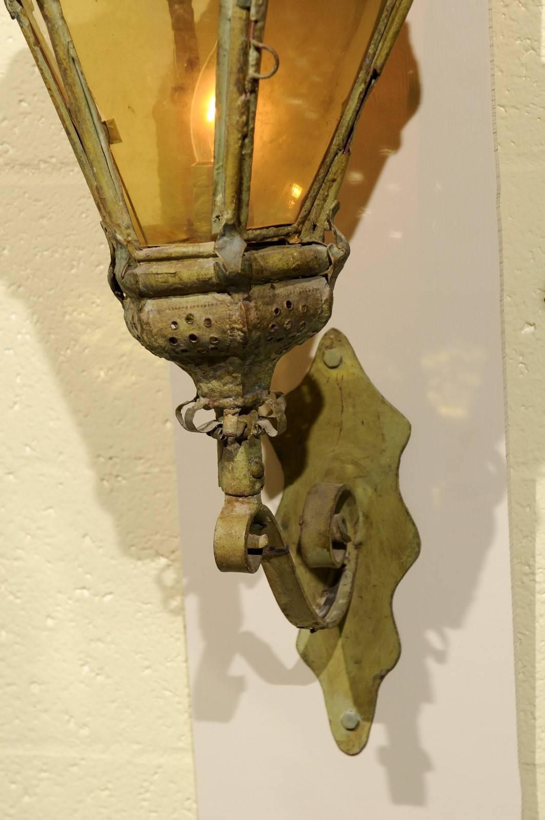 19th Century Italian Wall-Mounted Painted Tole Lantern w/ Old Glass In Good Condition For Sale In Atlanta, GA