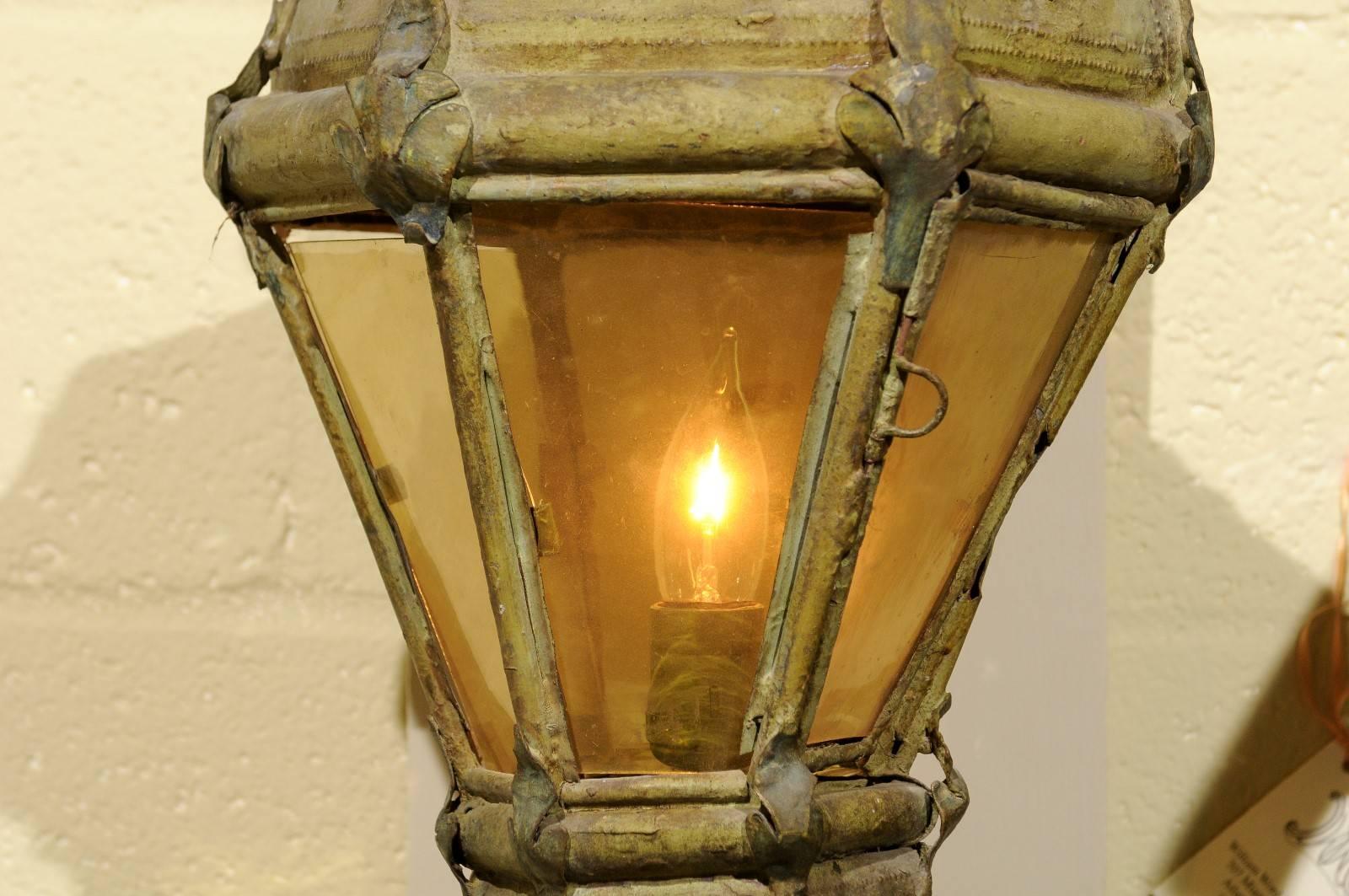 Metal 19th Century Italian Wall-Mounted Painted Tole Lantern w/ Old Glass For Sale