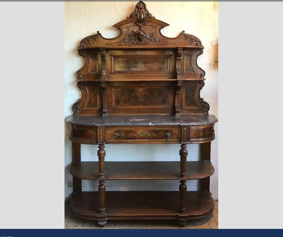 19th century Italian walnut briar-root cupboard with shelves, drawers and marble top, 1890s.