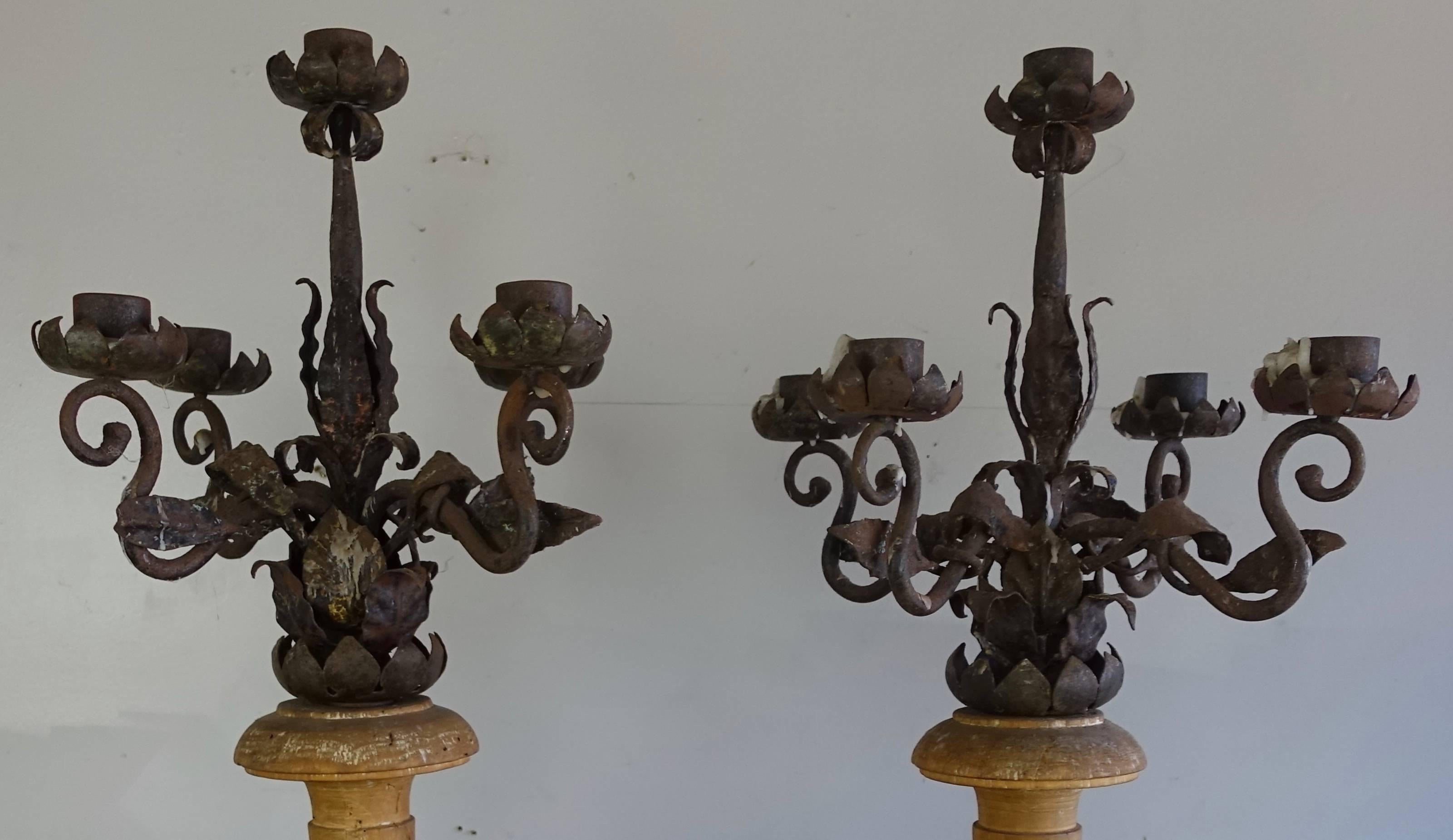 Baroque 19th Century Italian Walnut and Wrought Iron Candelabras, Pair
