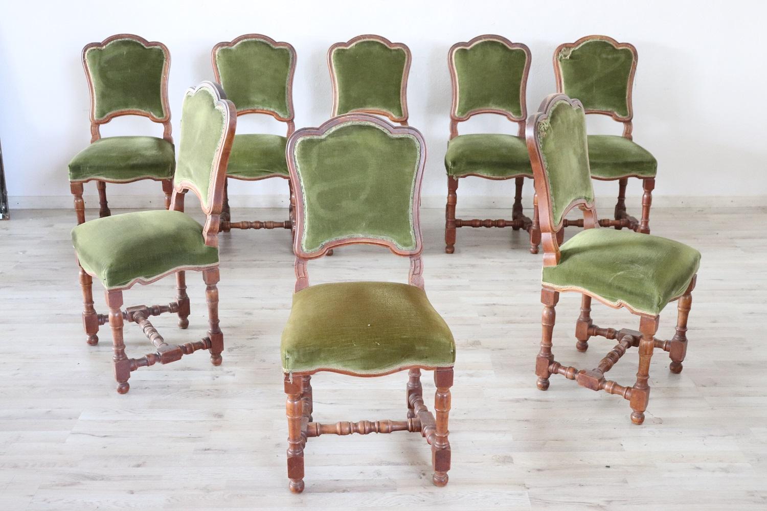Series of eight refined late 19th century Italian walnut wood chairs 1880s. Refined decoration the back is carved. The legs are very elegant with turned walnut wood. The seat is wide and comfortable. The velvet lining is used see photos. Necessary