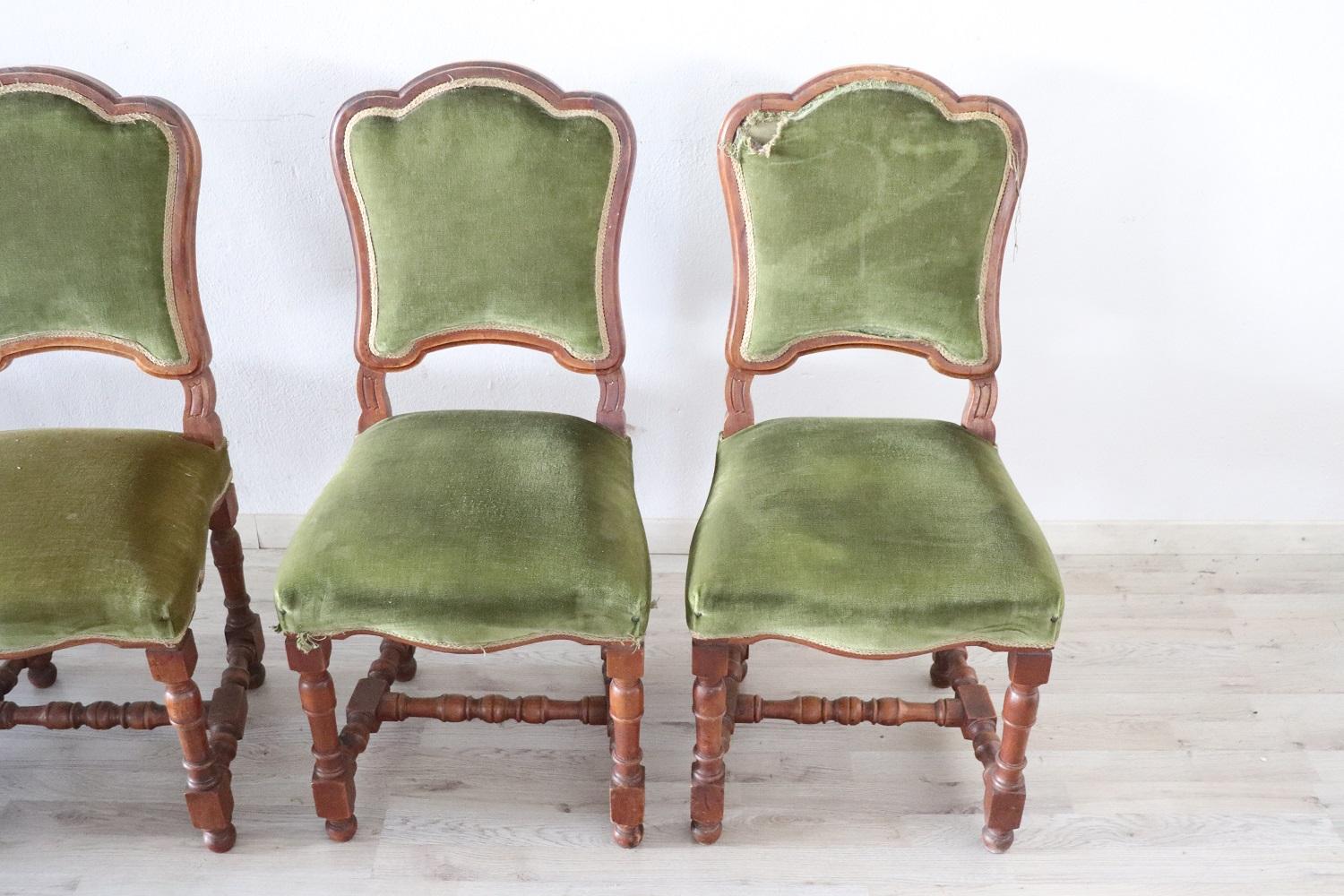 Turned 19th Century Italian Walnut Antique Dining Room Chairs, Set of Eight