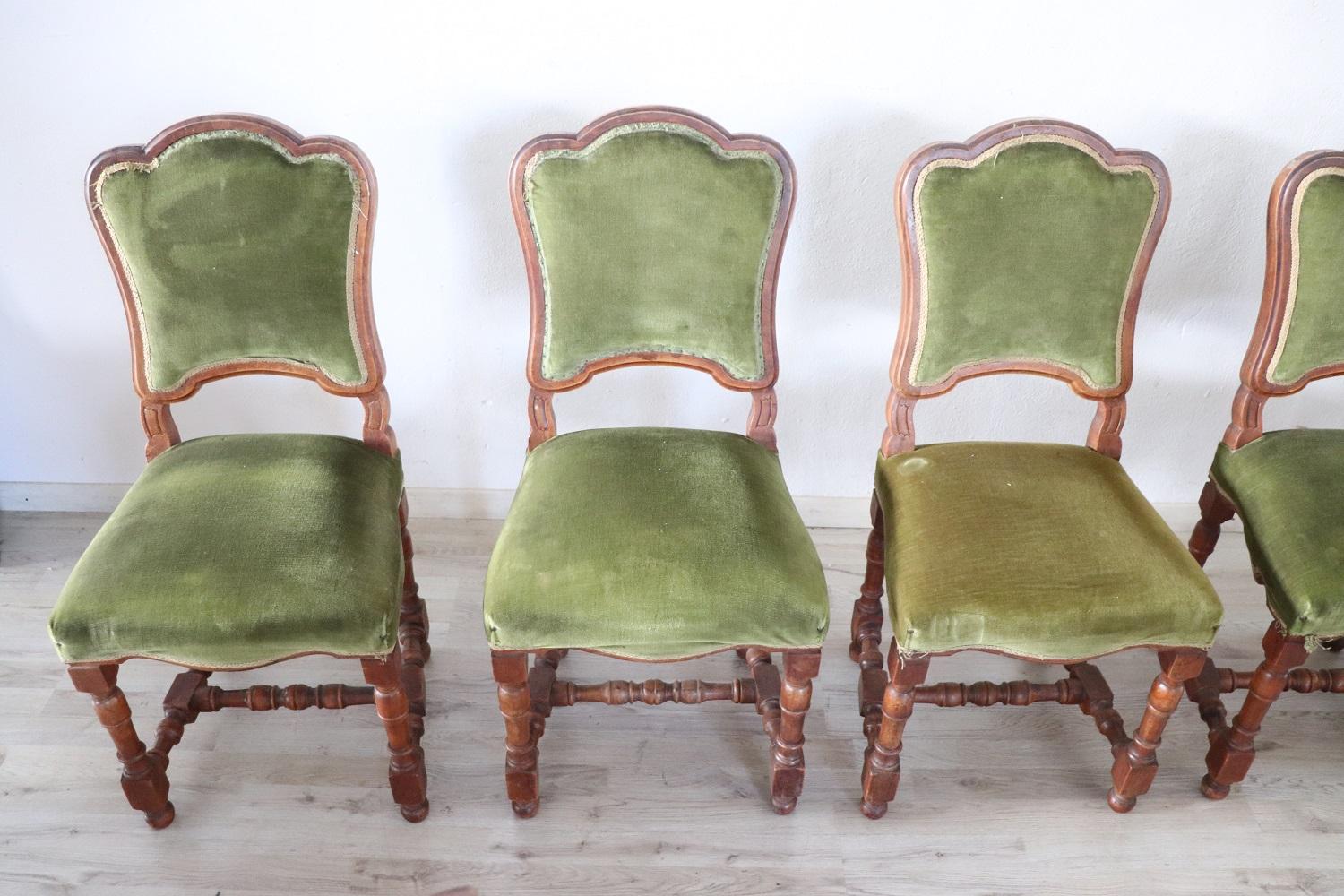 19th Century Italian Walnut Antique Dining Room Chairs, Set of Eight In Fair Condition In Casale Monferrato, IT