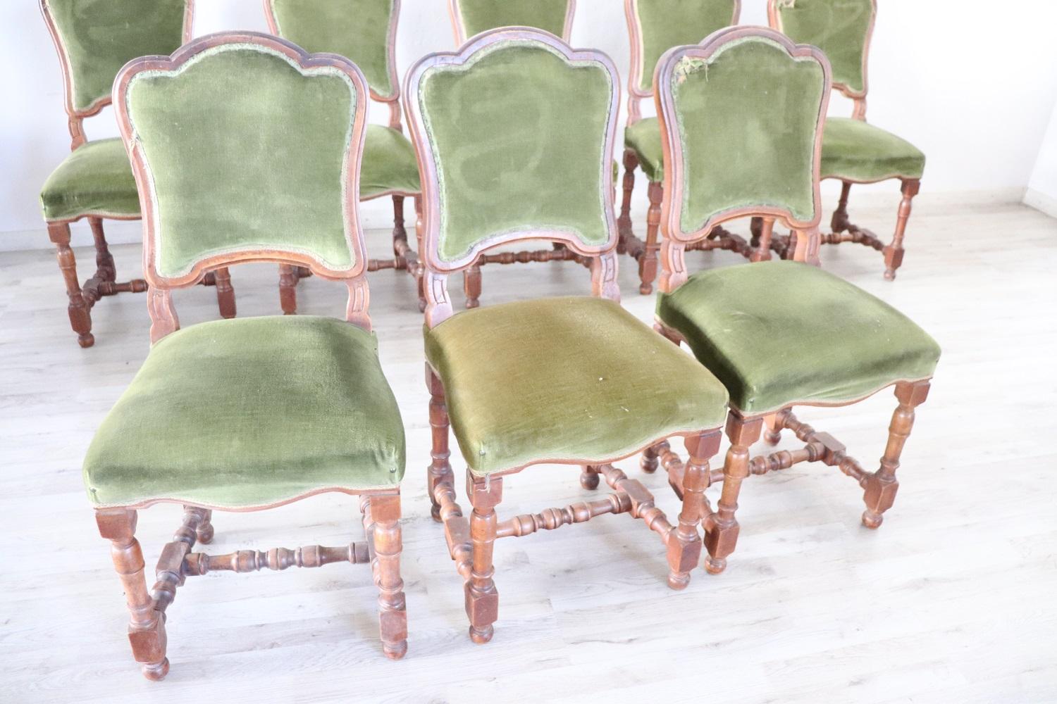 Late 19th Century 19th Century Italian Walnut Antique Dining Room Chairs, Set of Eight