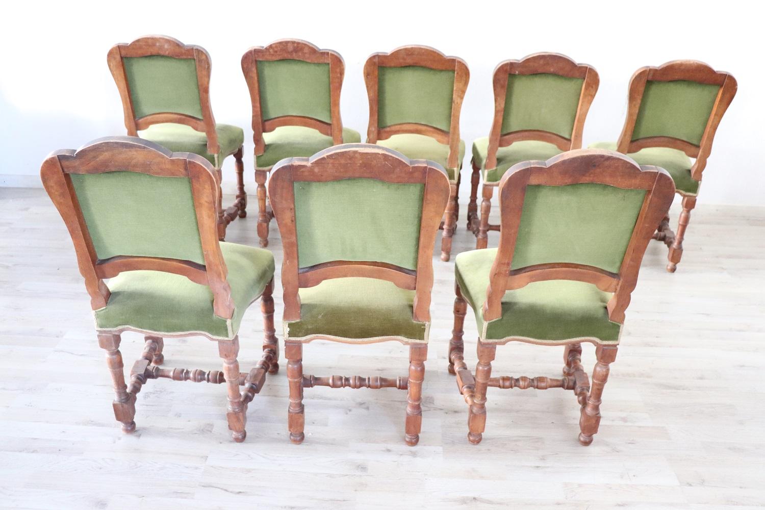 19th Century Italian Walnut Antique Dining Room Chairs, Set of Eight 3