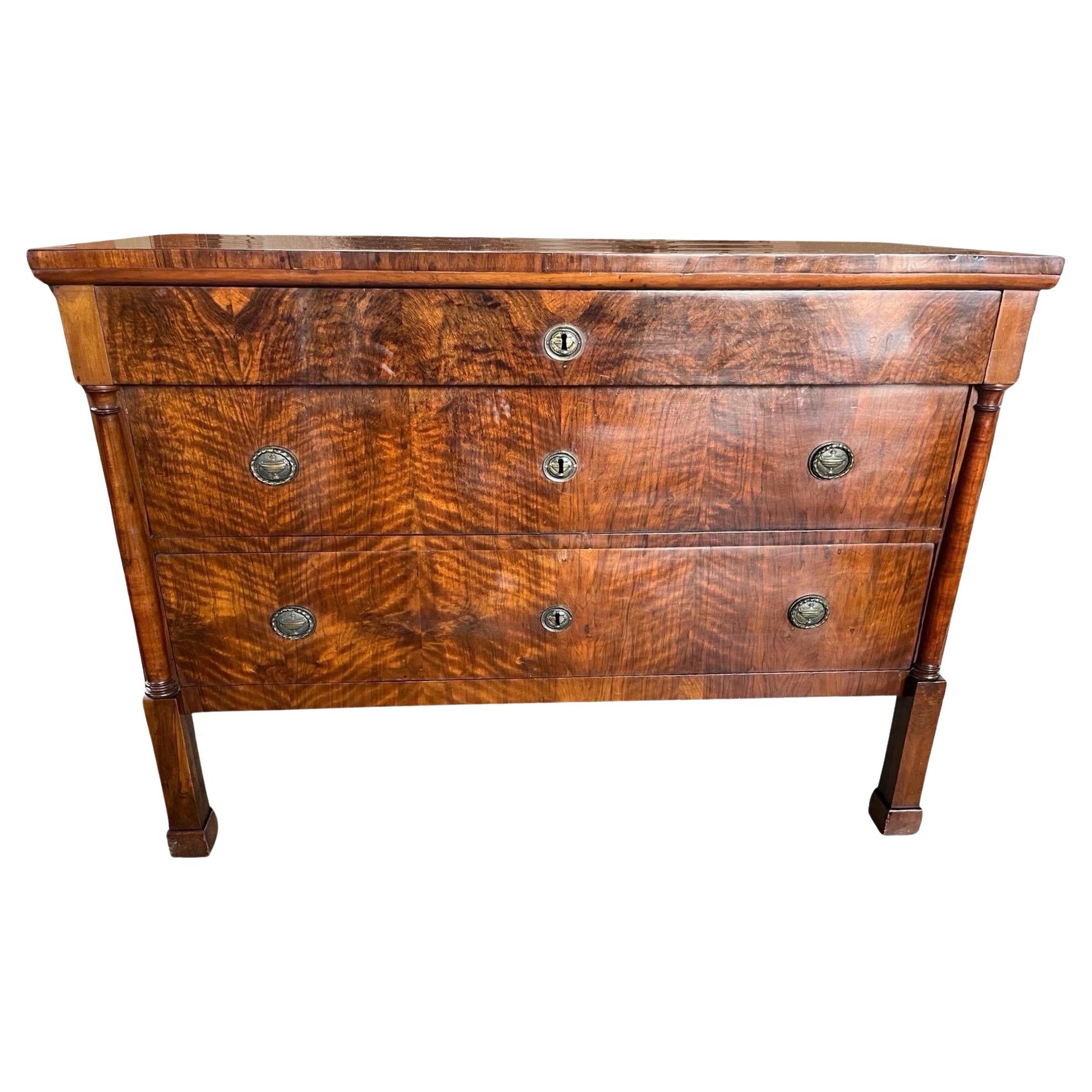 19th Century Italian Walnut Burl Empire Commode / Chest of Drawers