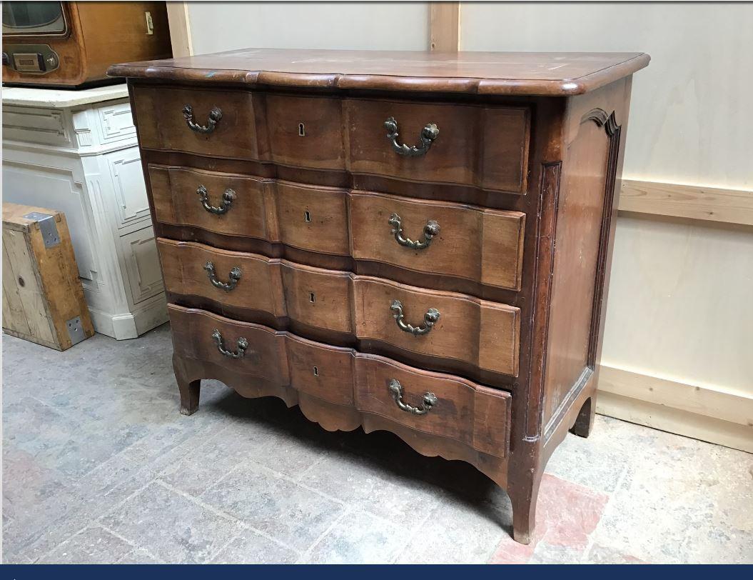 19th century Italian walnut chest of drawers with 4 drawers and bronze handles.