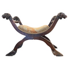 19th Century Italian Walnut Curule Stool with Ram's Head Carving