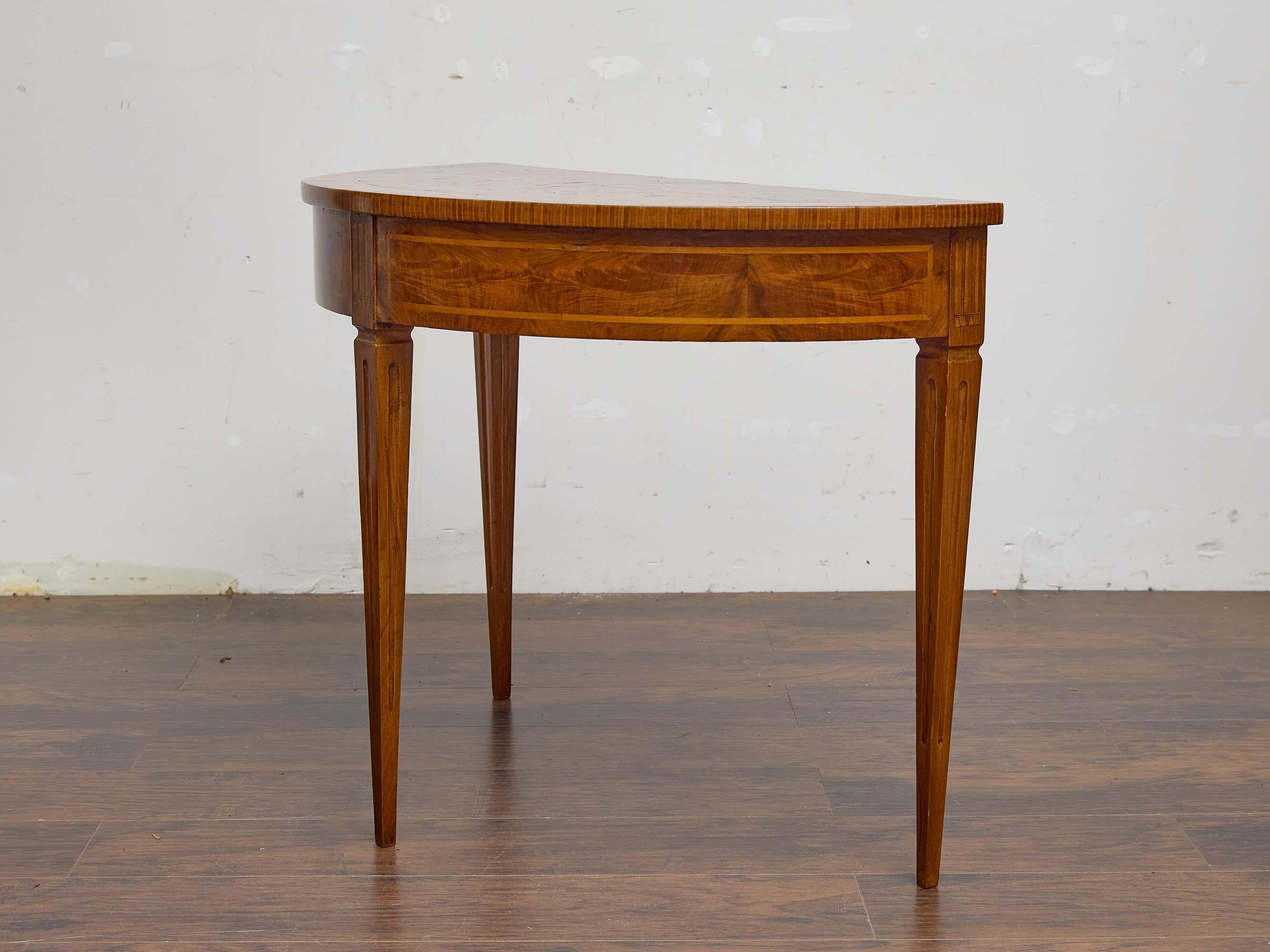 Neoclassical 19th Century Italian Walnut Demi-Lune Table with Satinwood Inlay and Rear Drawer For Sale