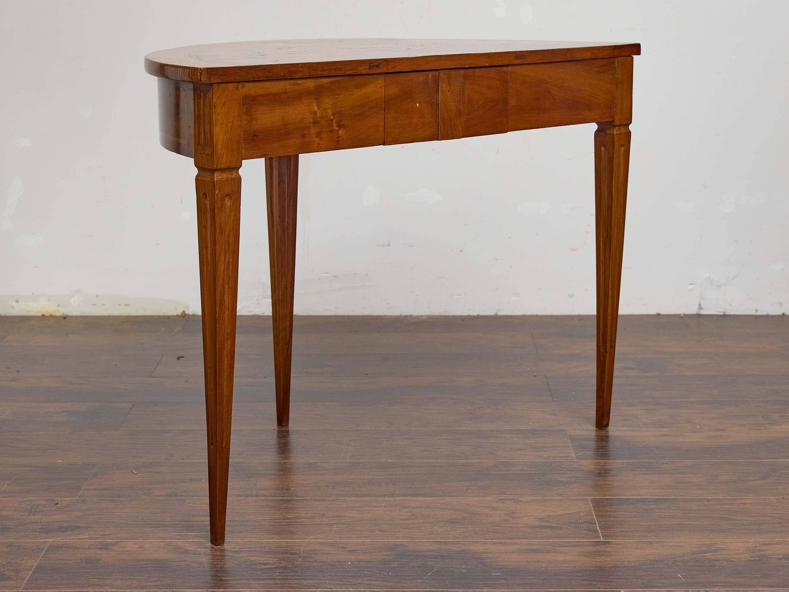19th Century Italian Walnut Demi-Lune Table with Satinwood Inlay and Rear Drawer For Sale 1