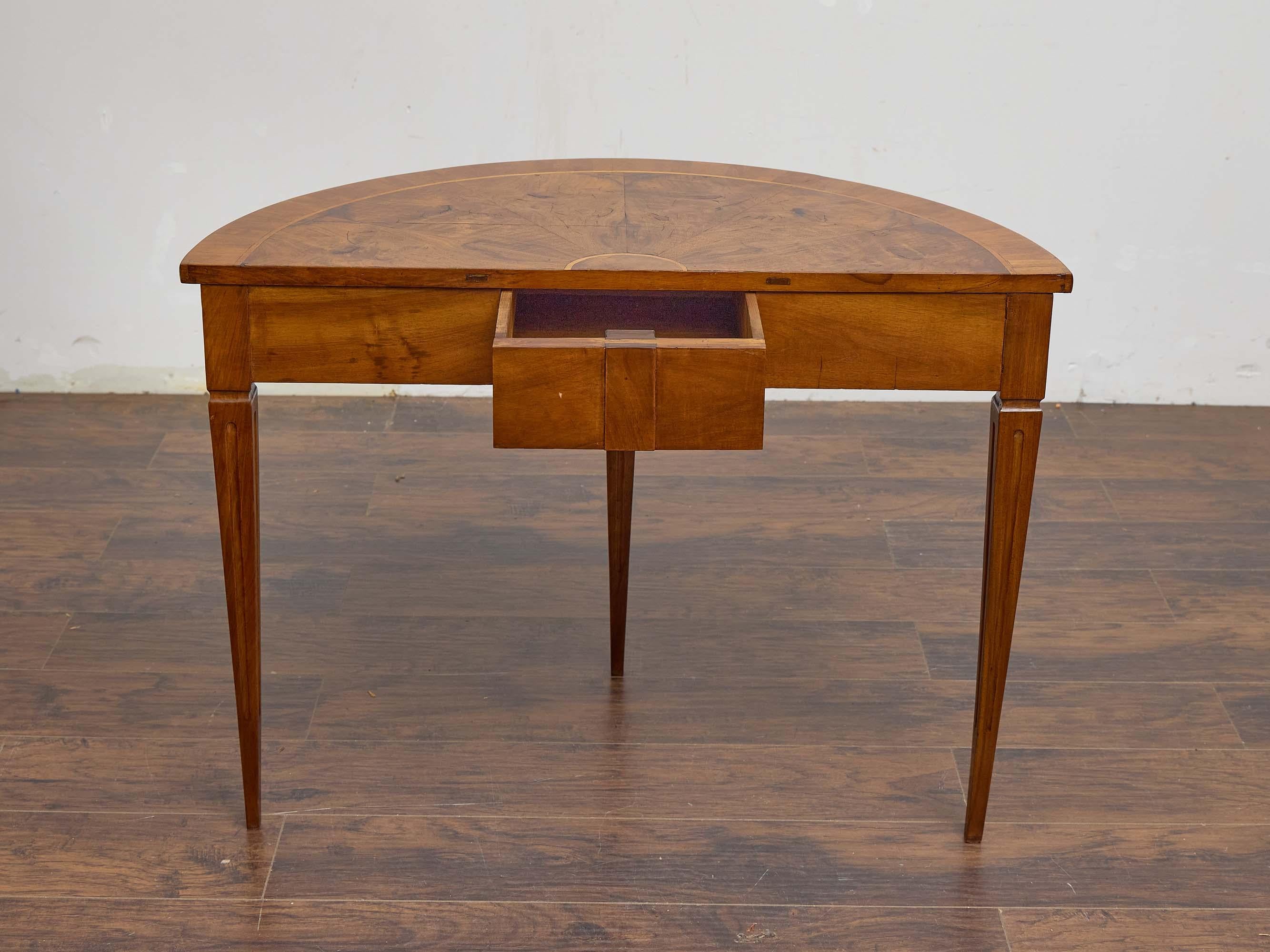 19th Century Italian Walnut Demi-Lune Table with Satinwood Inlay and Rear Drawer For Sale 4