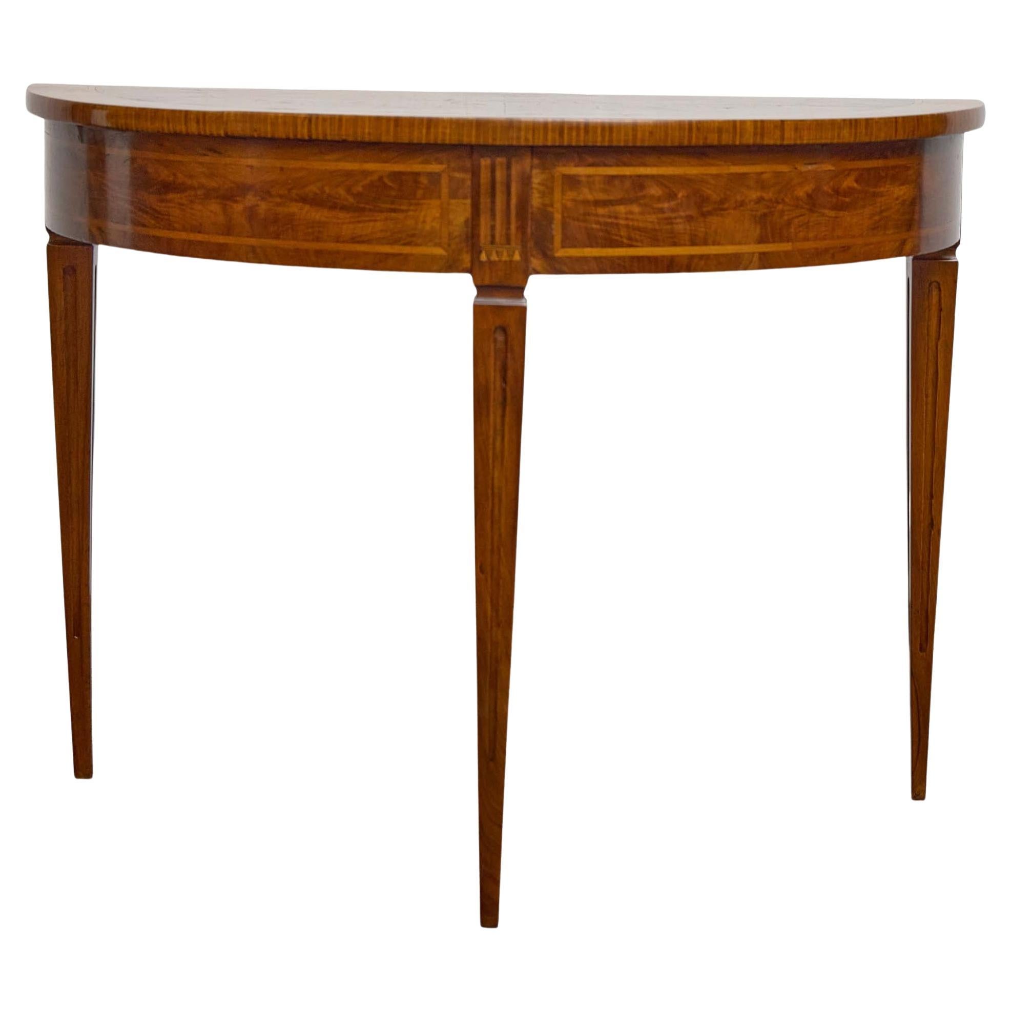 Table Demi-Lune italienne du 19ème siècle en noyer avec incrustation de bois satiné et tiroir arrière
