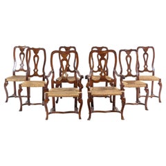 Antique 19th Century Italian Walnut Dining Chairs with Rattan Seats, Six Sides, Two Arms