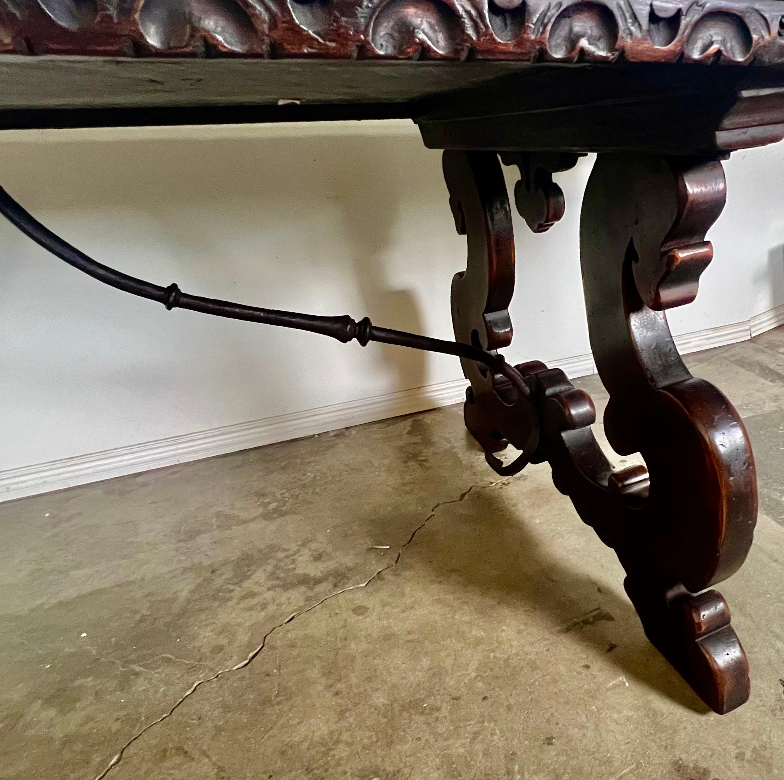 Wrought Iron 19th Century Italian Walnut Dining Table w/ Iron Stretcher For Sale