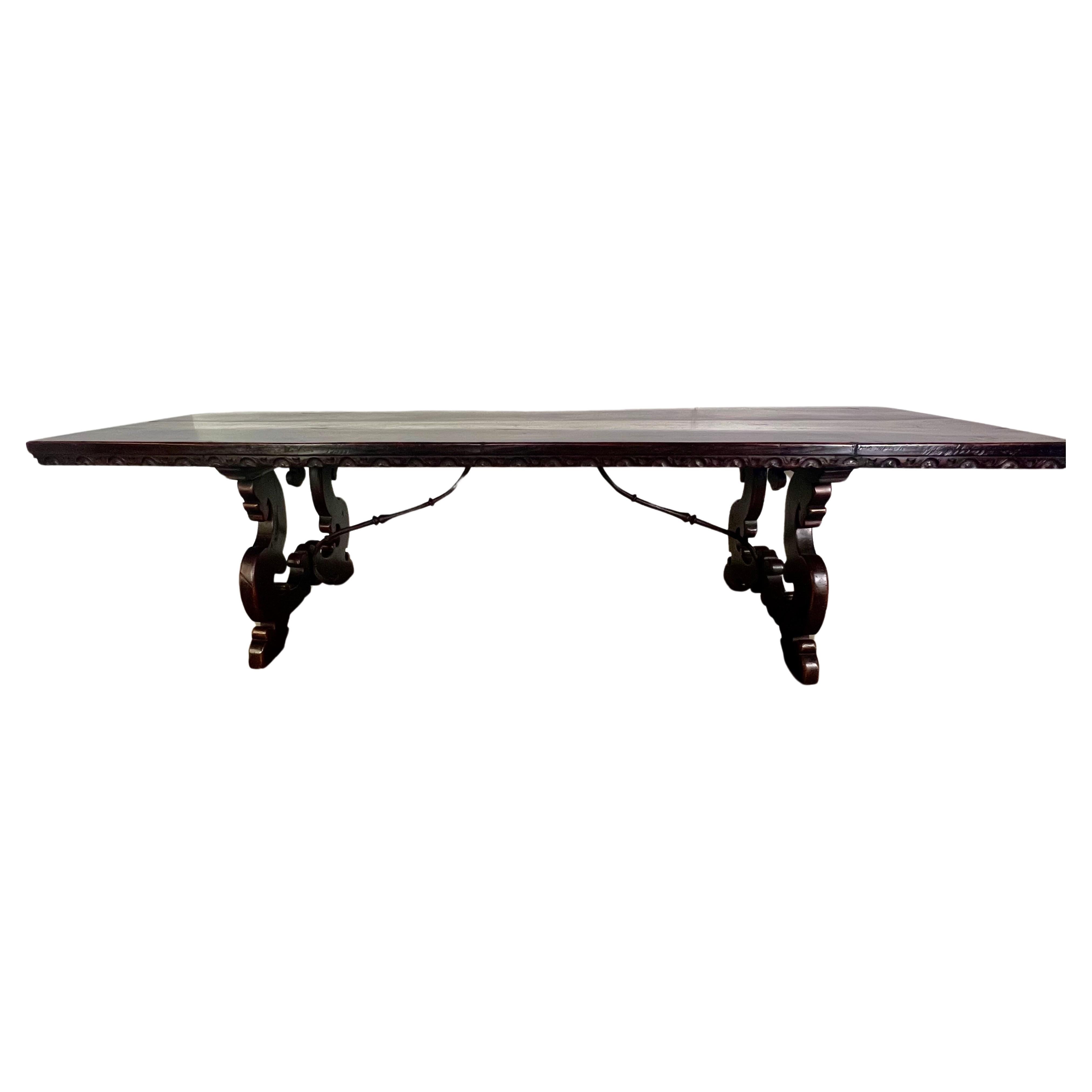 19th Century Italian Walnut Dining Table w/ Iron Stretcher For Sale