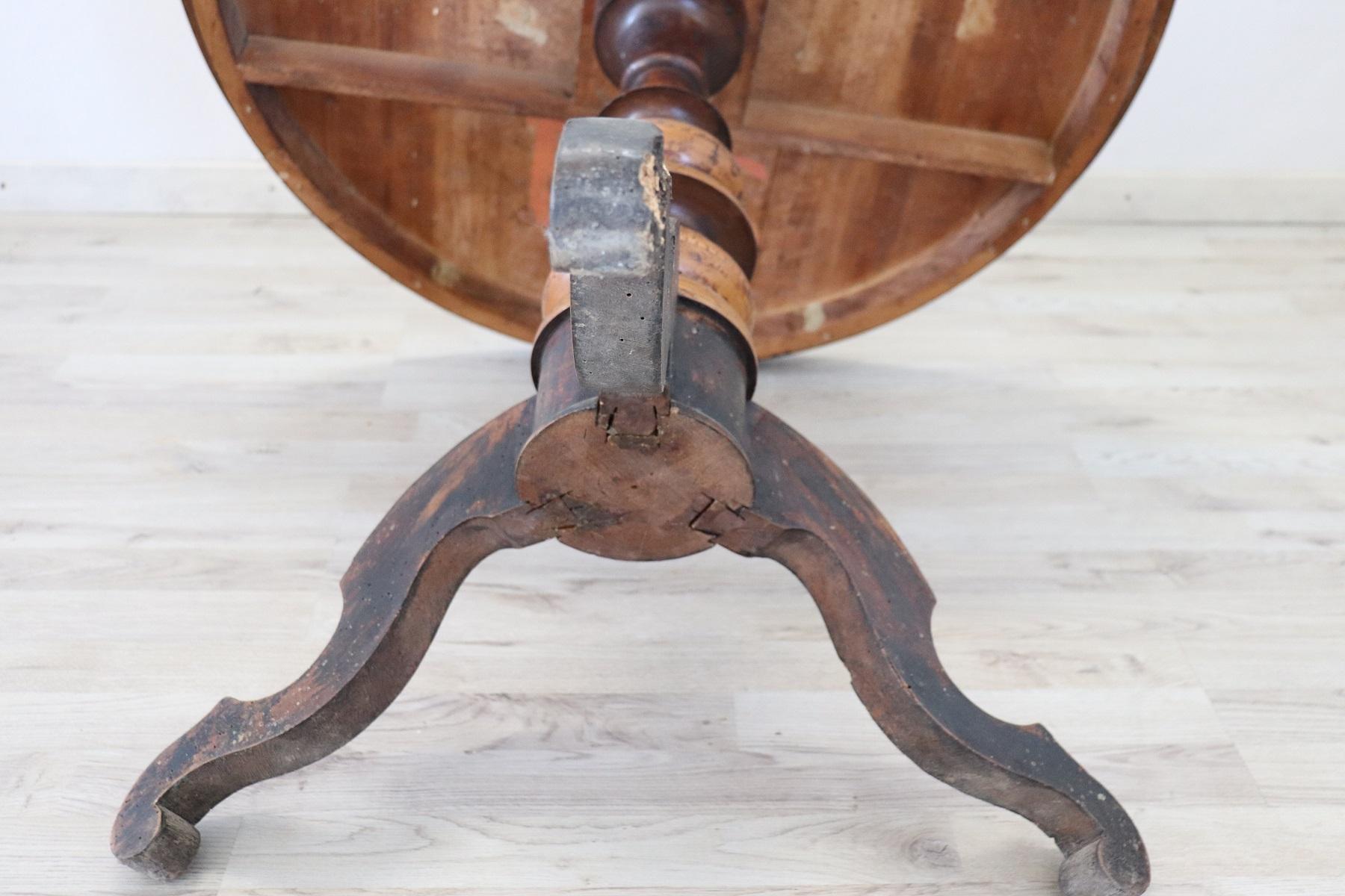 19th Century Italian Walnut Inlay Round Center Table or Pedestal Table 7