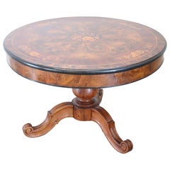 19th Century Italian Walnut Inlay Round Center Table or Pedestal Table