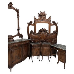 19th Century Italian Walnut King Bed Frame Carved Art Nouveau Bedroom Set