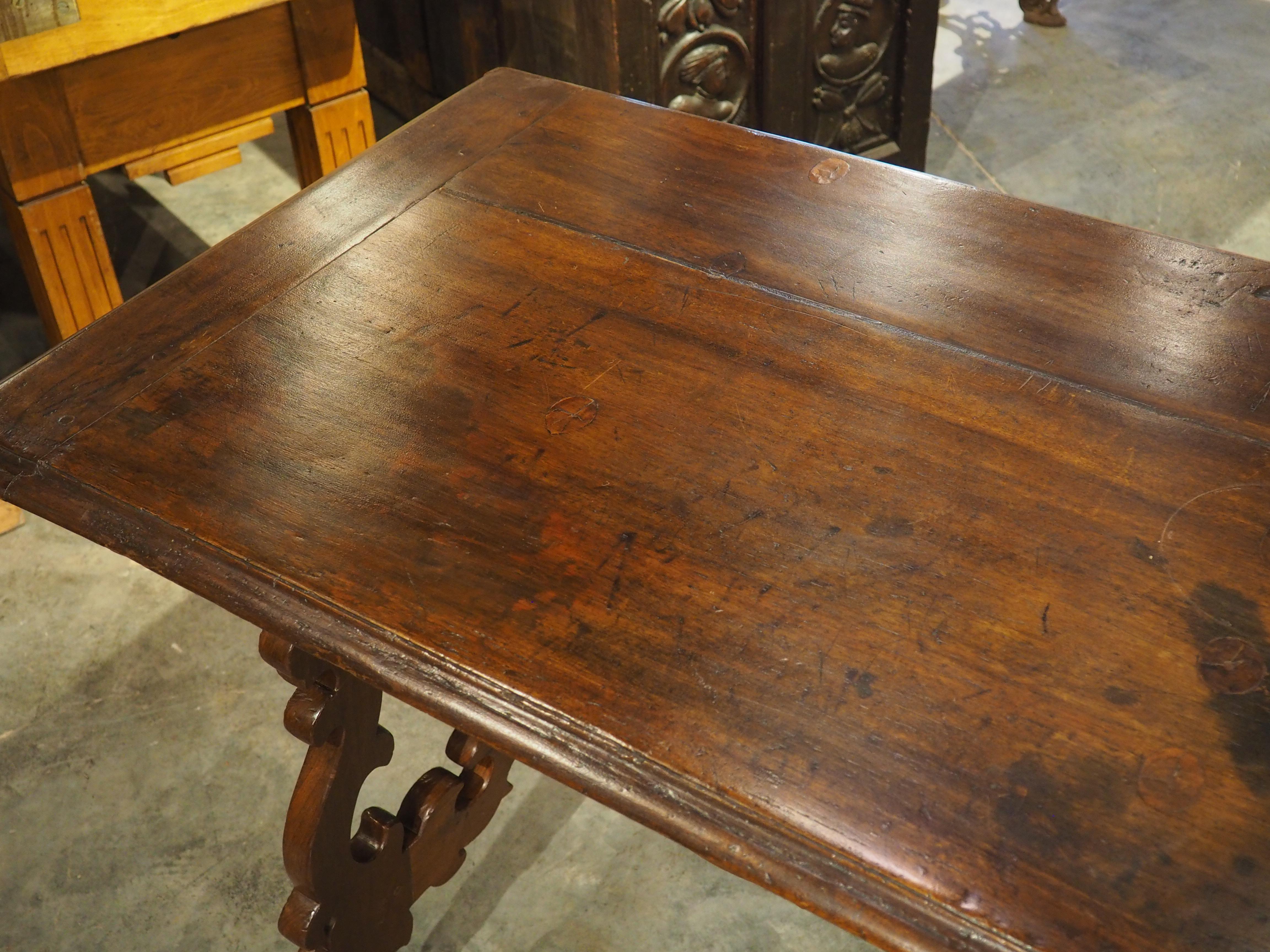 19th Century Italian Walnut Lyre Leg Table with Baroque Style Wooden Stretchers For Sale 8