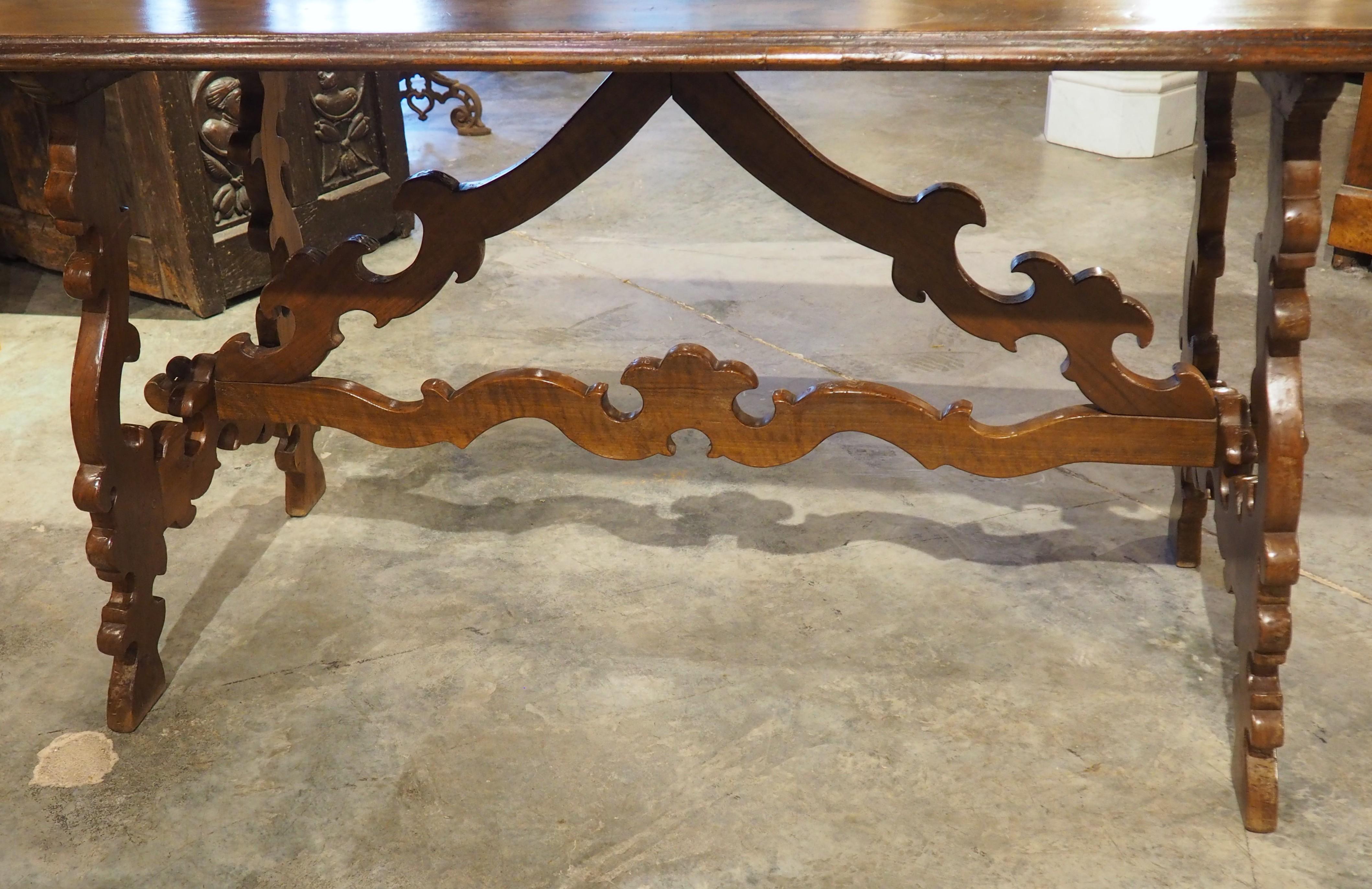 19th Century Italian Walnut Lyre Leg Table with Baroque Style Wooden Stretchers For Sale 10