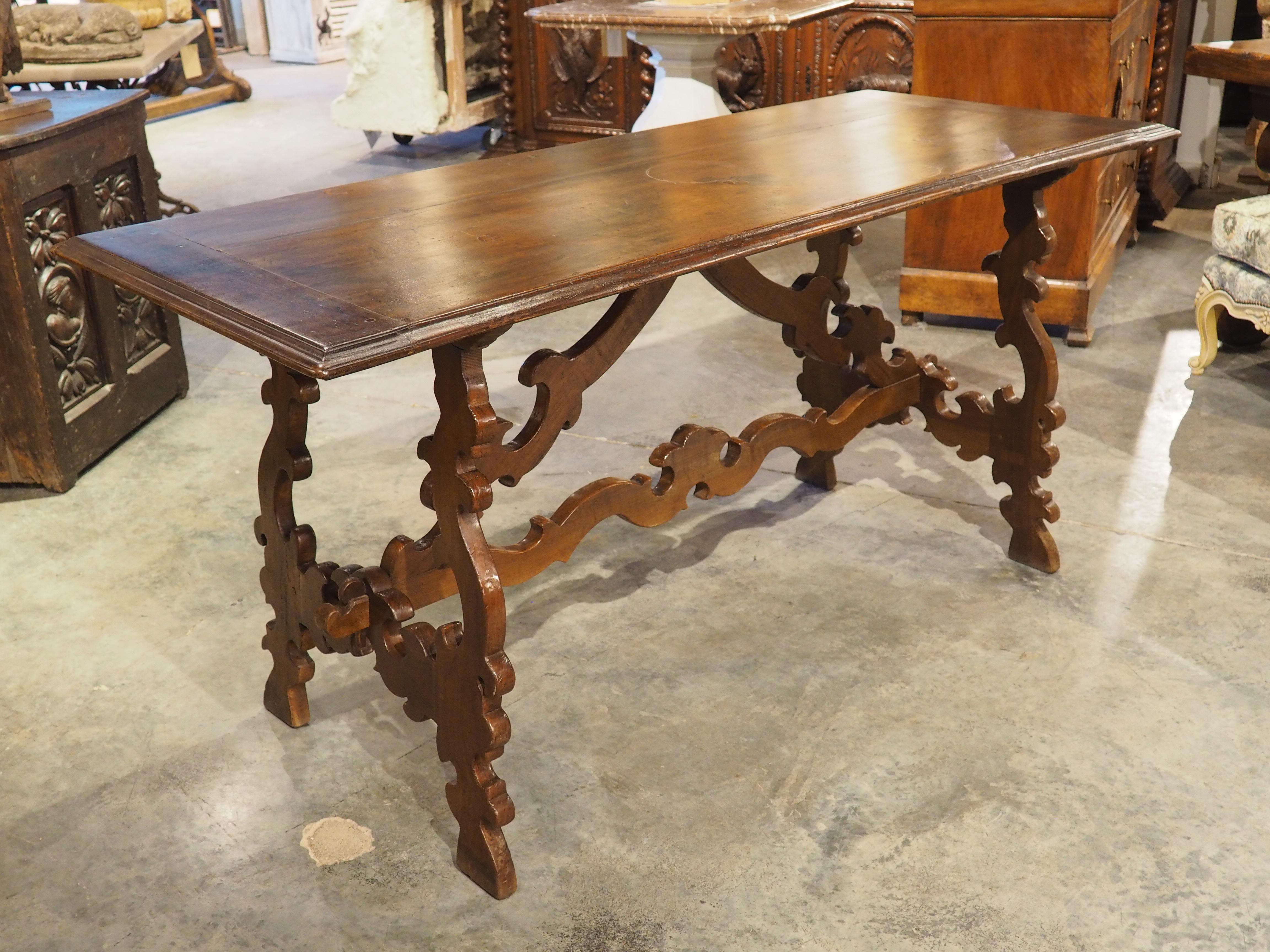 19th Century Italian Walnut Lyre Leg Table with Baroque Style Wooden Stretchers For Sale 11