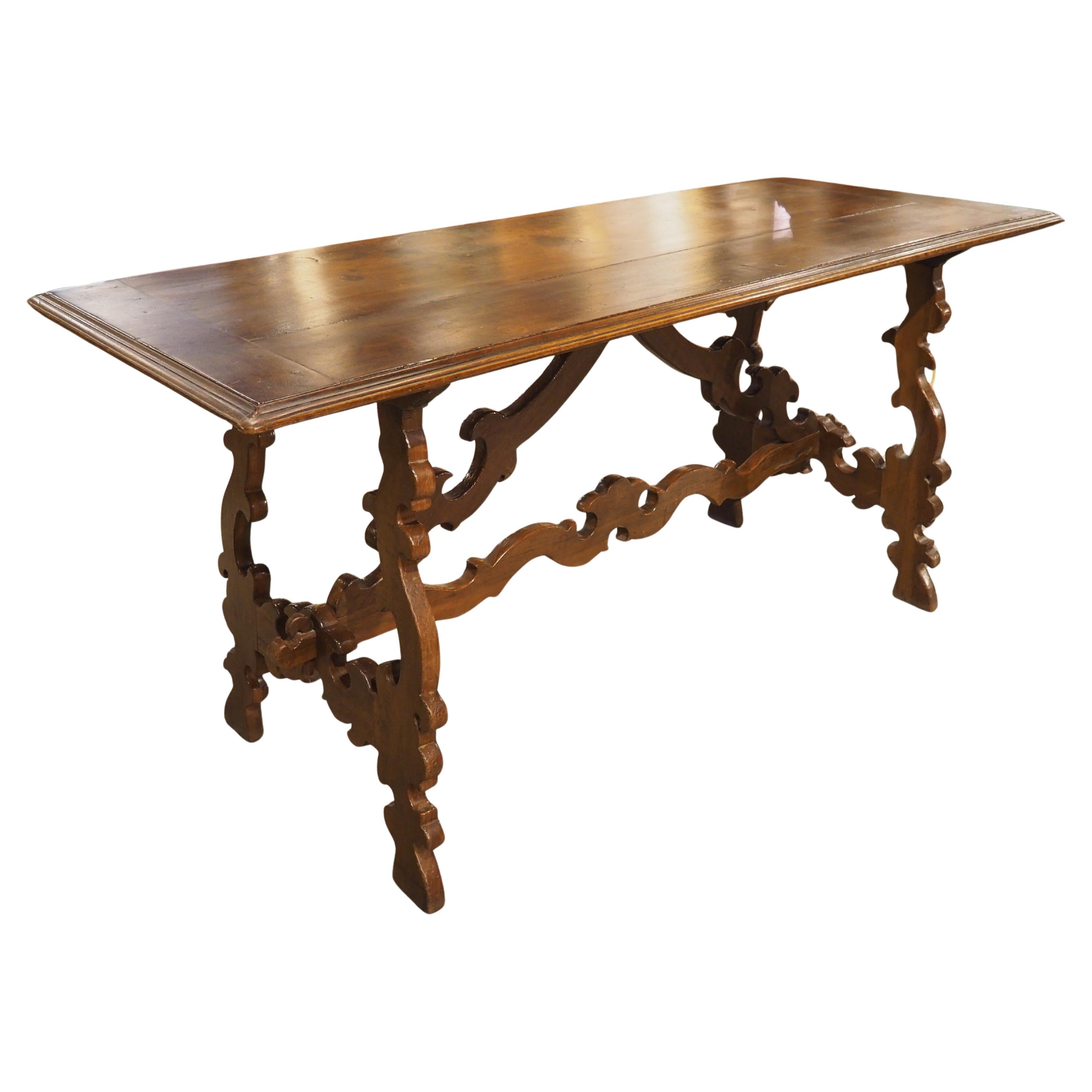 19th Century Italian Walnut Lyre Leg Table with Baroque Style Wooden Stretchers For Sale