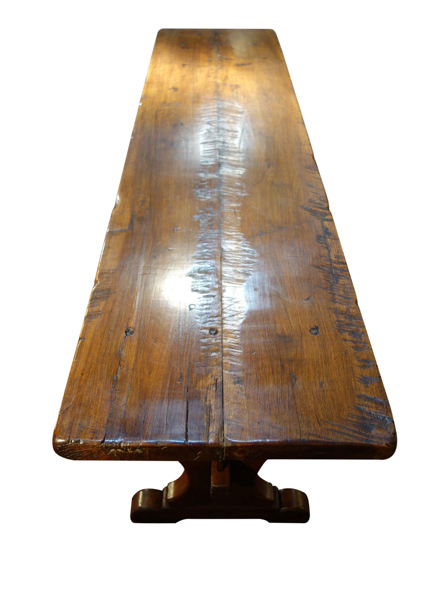 Mid-19th Century 19th Century Italian Walnut Refectory Table with Carved Crosspiece Circa 1840
