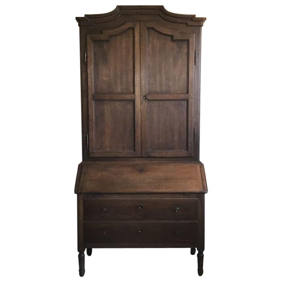 19th Century Italian Walnut Secretary Bookcase with Drawers, 1890s