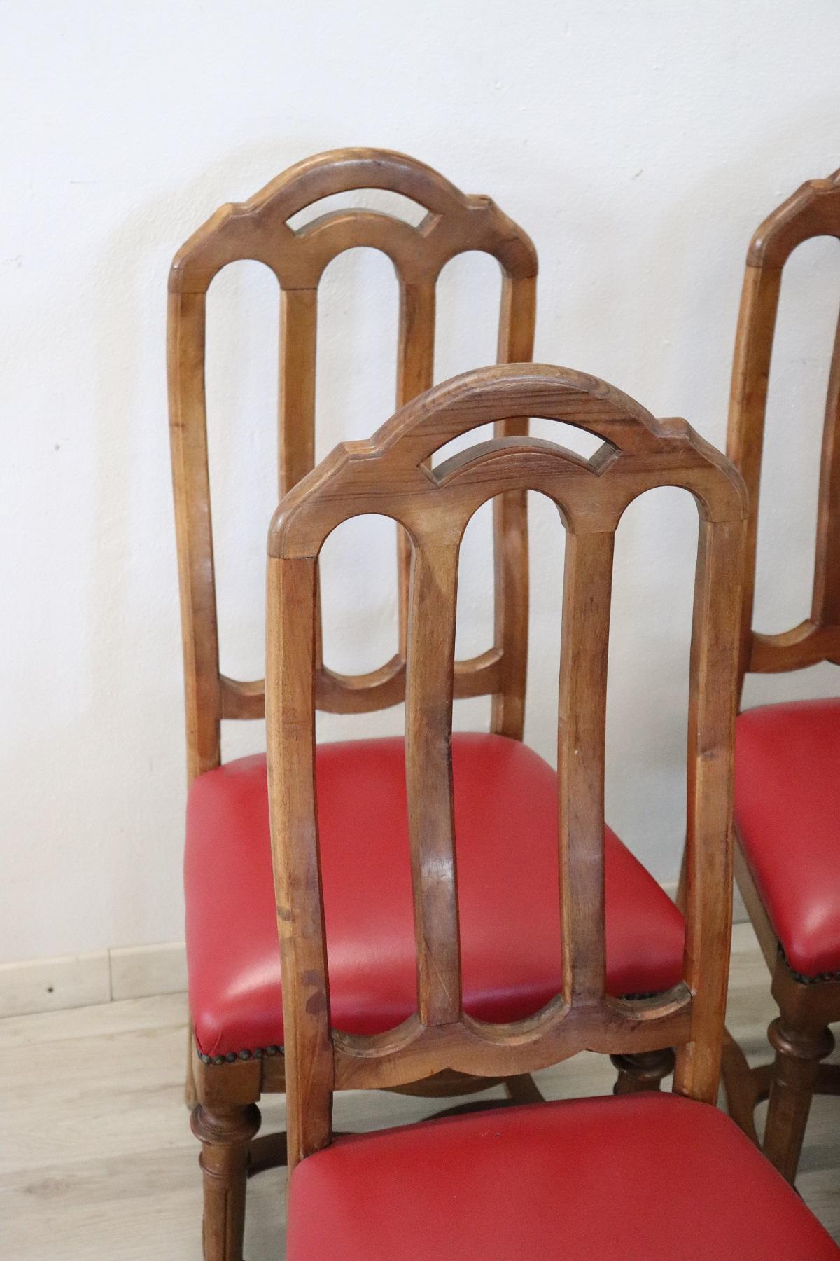 Neoclassical 19th Century Italian Walnut Set of Six Chairs with Red Leather