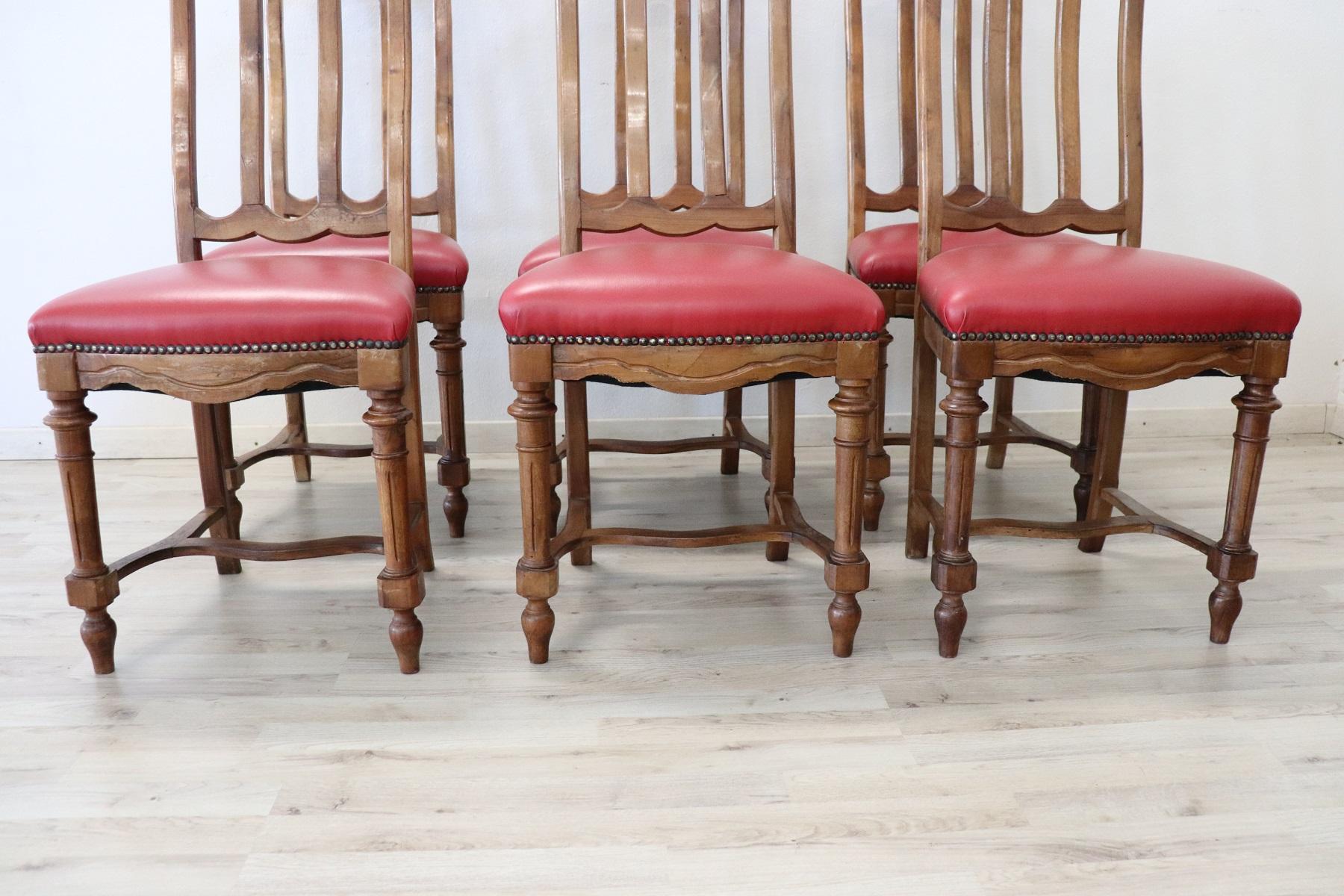 Late 19th Century 19th Century Italian Walnut Set of Six Chairs with Red Leather