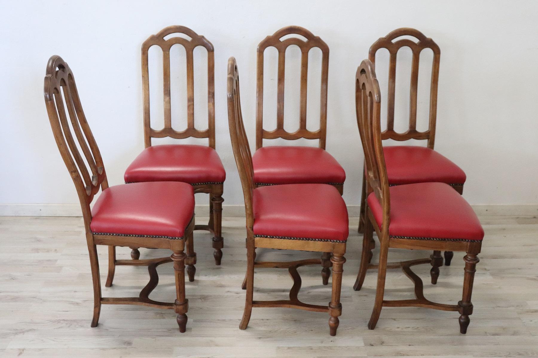 19th Century Italian Walnut Set of Six Chairs with Red Leather 1