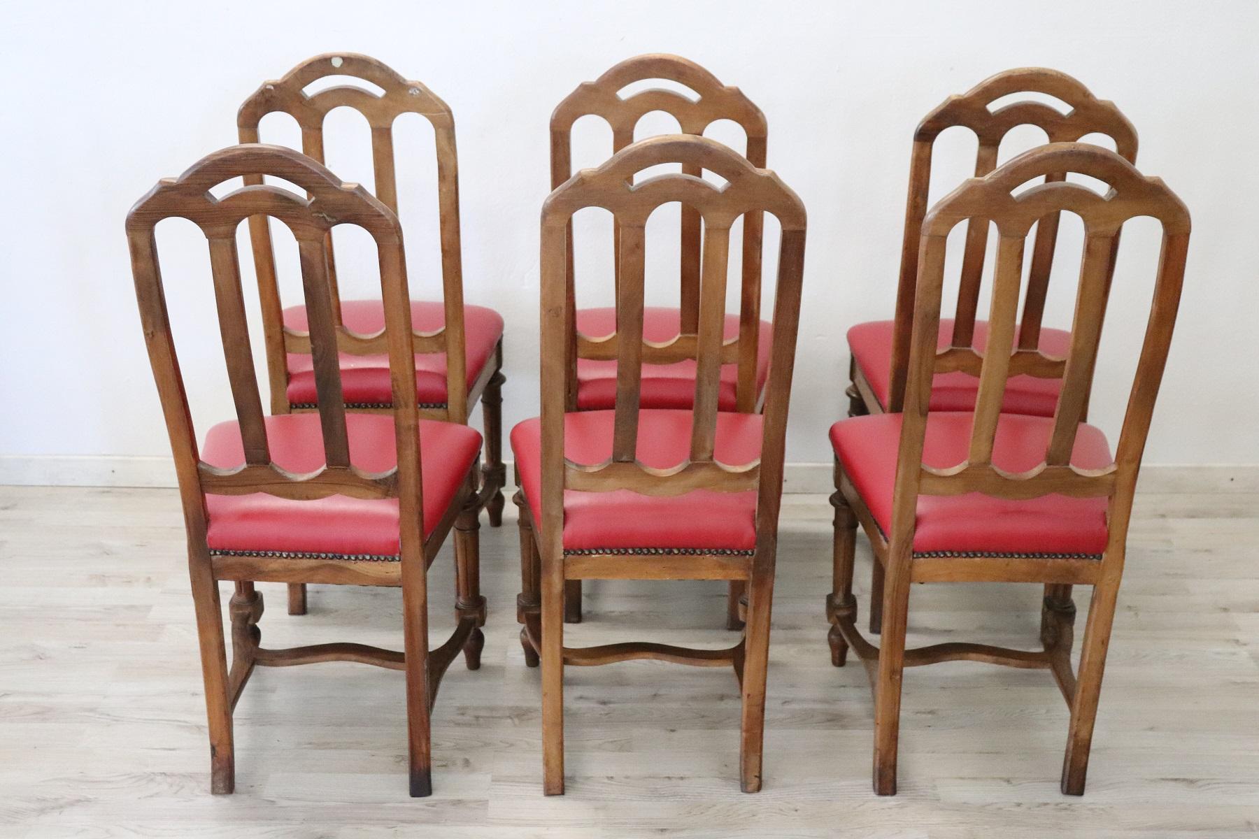 19th Century Italian Walnut Set of Six Chairs with Red Leather 2