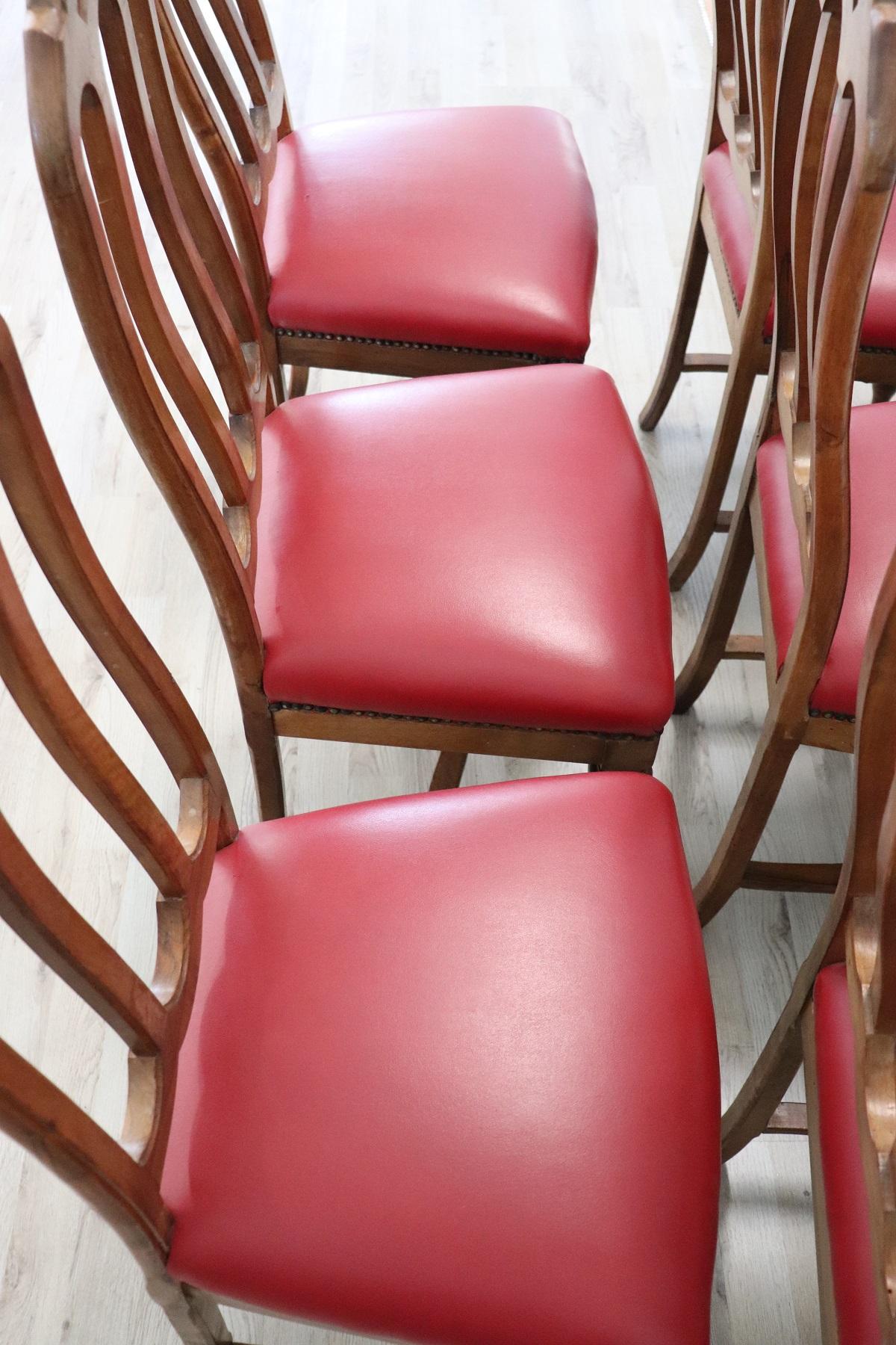 19th Century Italian Walnut Set of Six Chairs with Red Leather 3