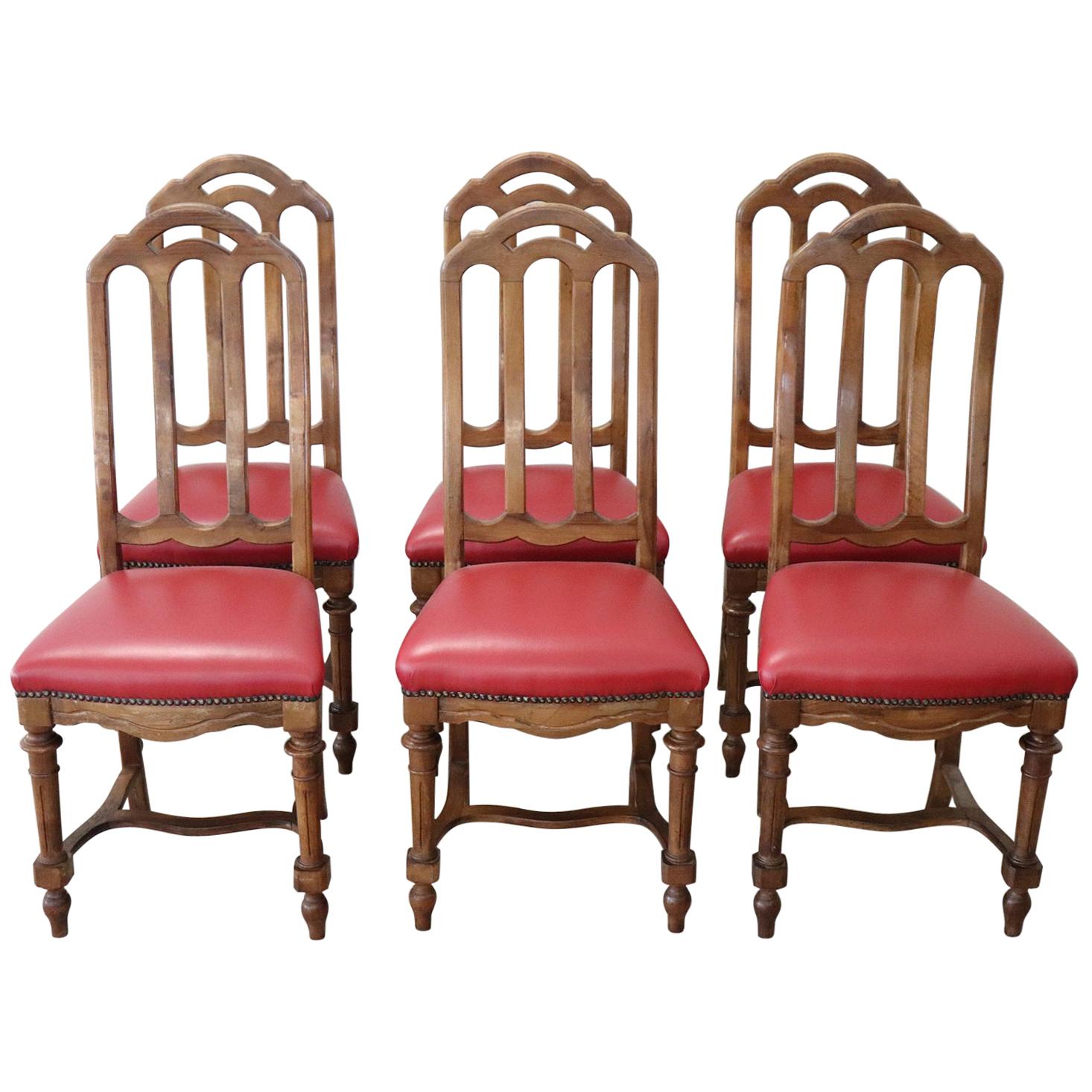 19th Century Italian Walnut Set of Six Chairs with Red Leather