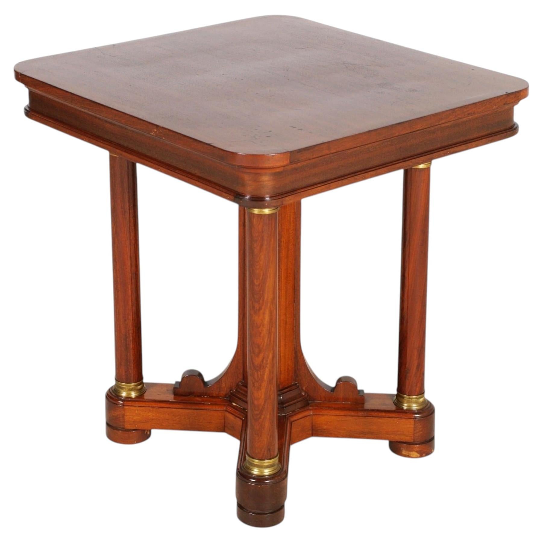 19th Century Italian Walnut Side Table with Column Supports and Brass Details For Sale
