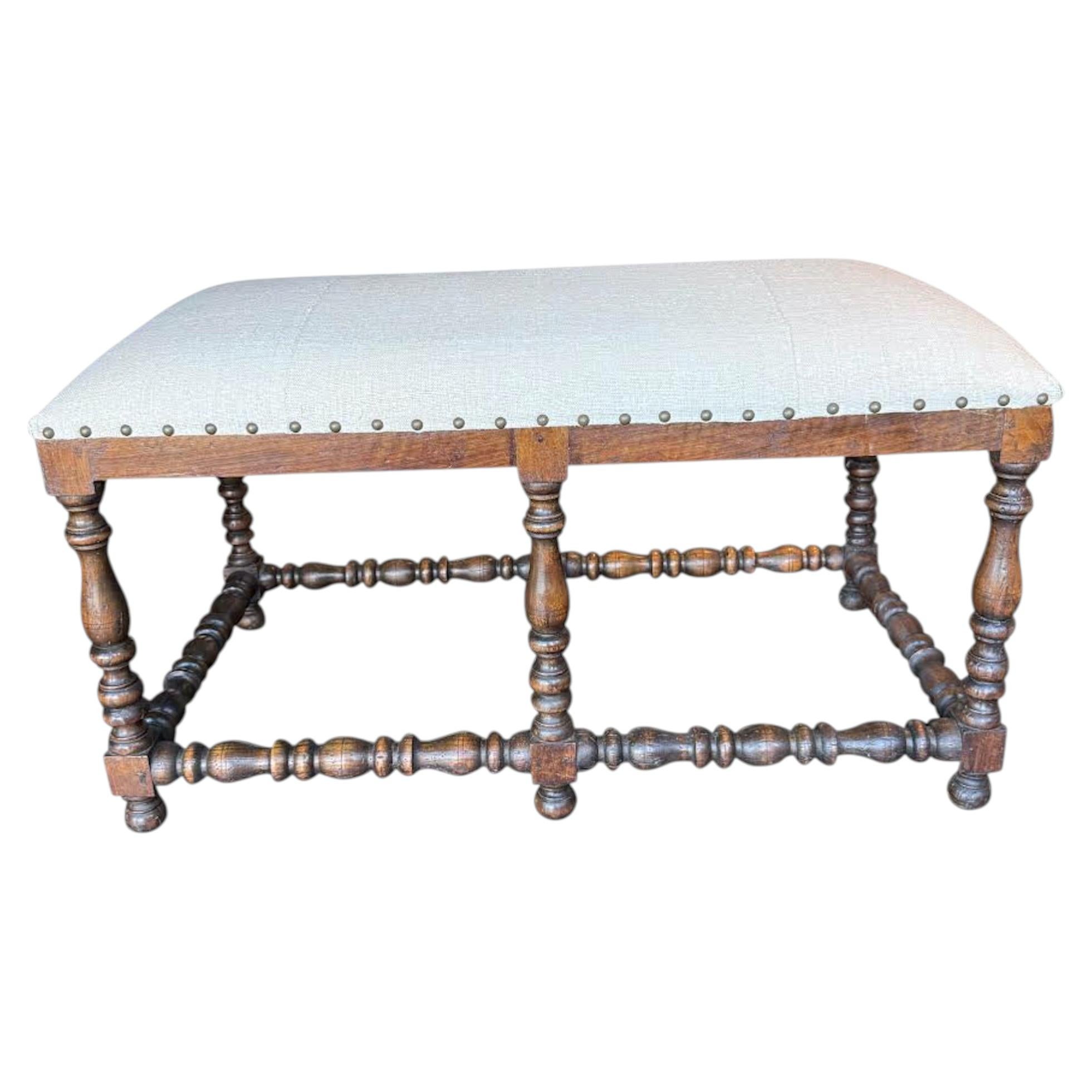 19th Century Italian Walnut Turned Leg Bench, Newly Upholstered