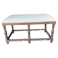 19th Century Italian Walnut Turned Leg Bench, Newly Upholstered