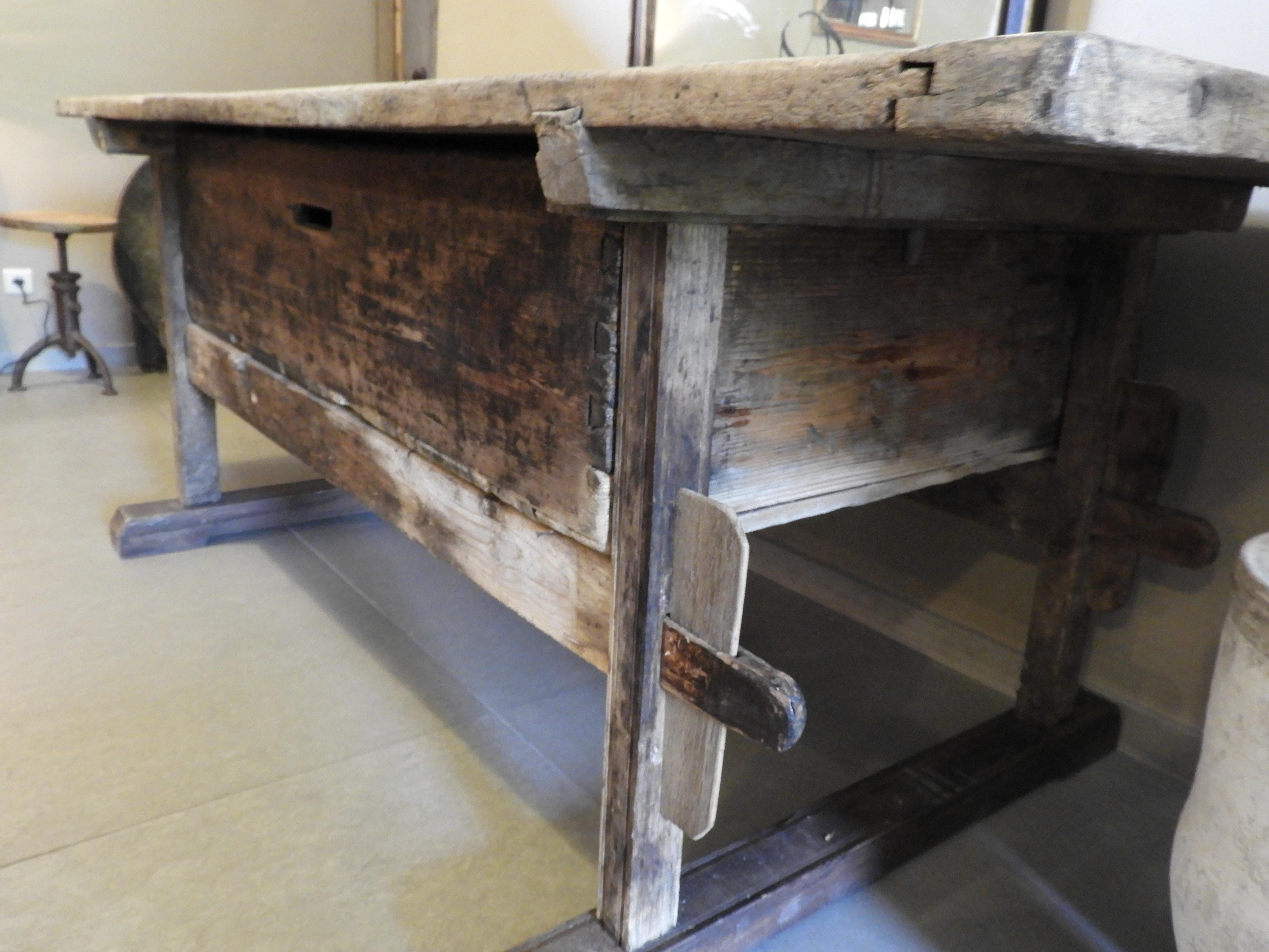 19th Century Italian Warn Pine and Poplar Country Side Table with Drawer 3