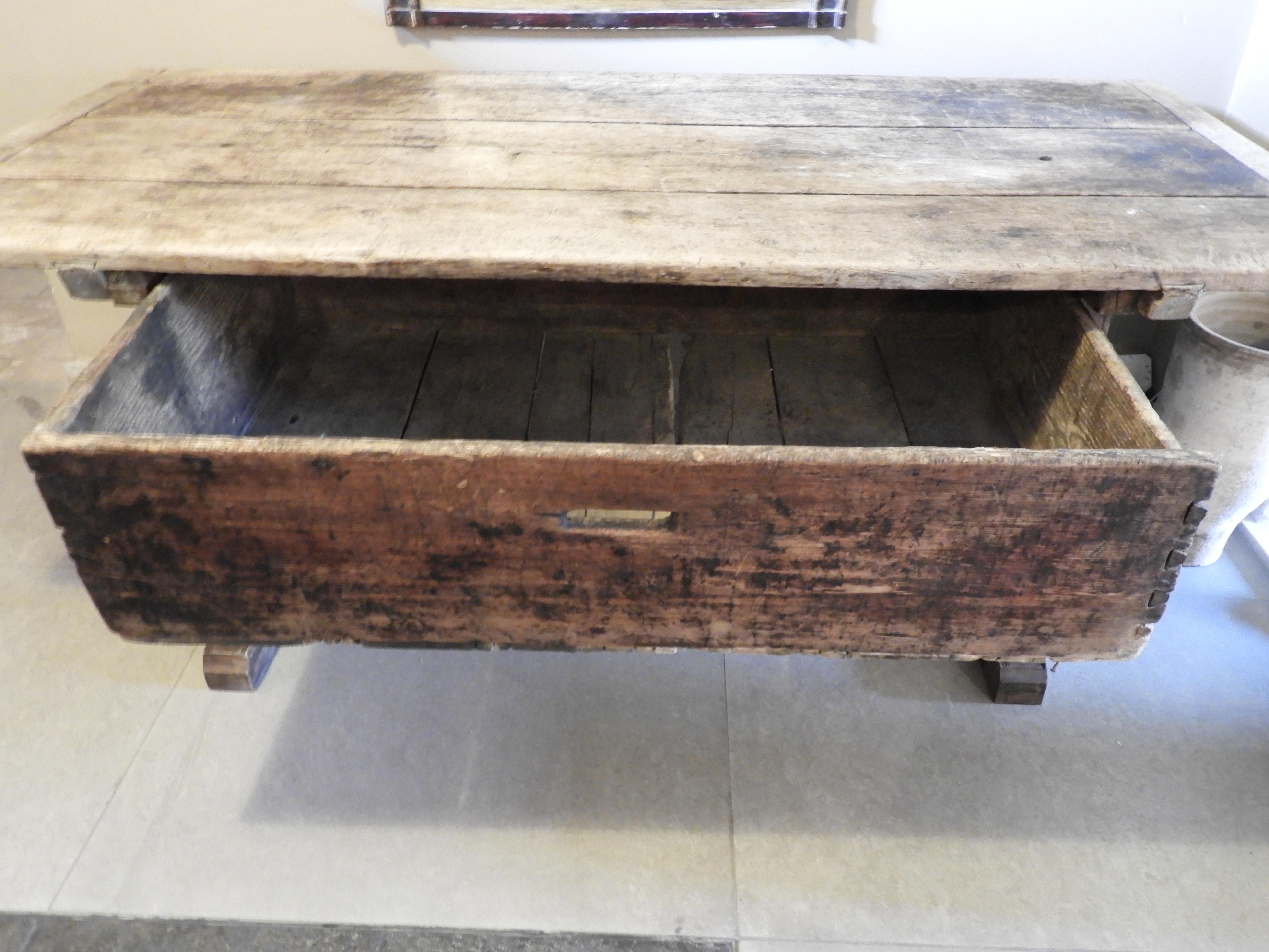 19th Century Italian Warn Pine and Poplar Country Side Table with Drawer 4