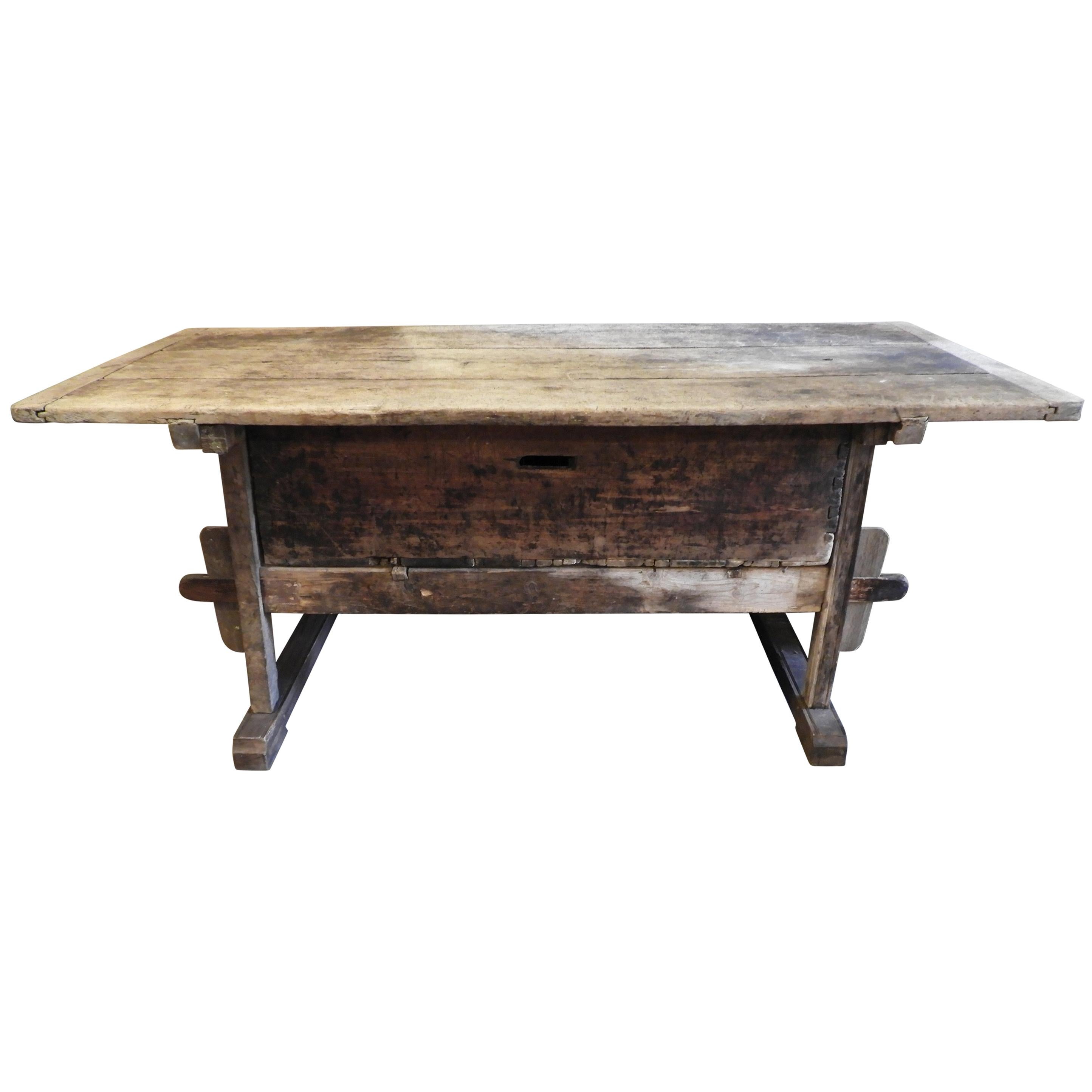 19th Century Italian Warn Pine and Poplar Country Side Table with Drawer