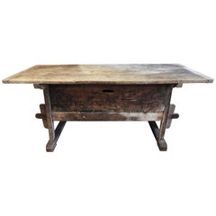 19th Century Italian Warn Pine and Poplar Country Side Table with Drawer
