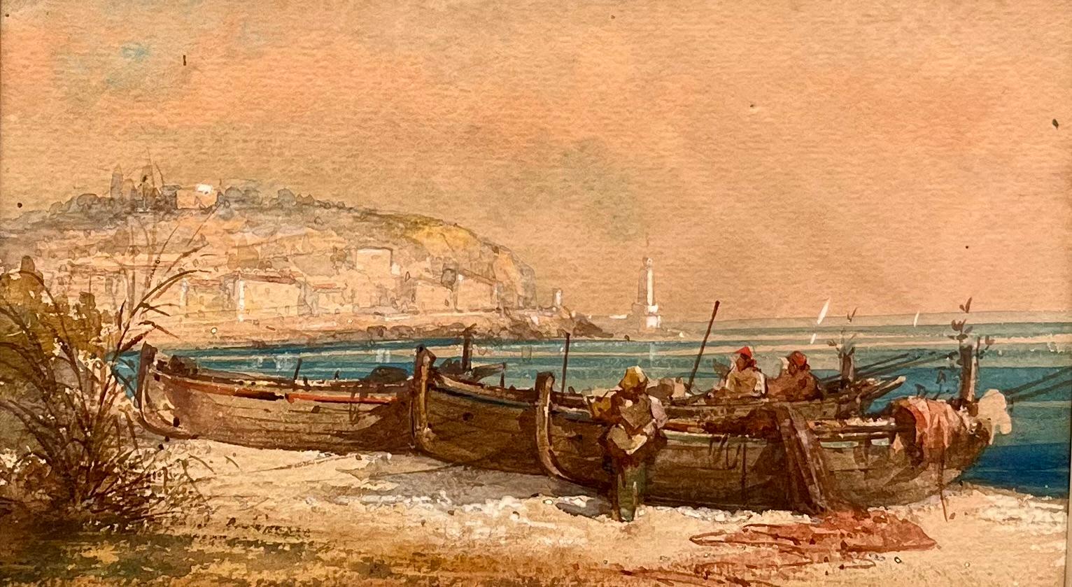 Acquerello italiano del XIX secolo con barche da pesca nel Golfo di Napoli.

Un affascinante acquerello antico che raffigura il Golfo di Napoli con i pescatori e le loro barche alle prese con le loro faccende quotidiane. Questo piccolo acquerello