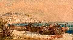 19th Century Italian Watercolor of Fishing Boats in the Bay of Naples.