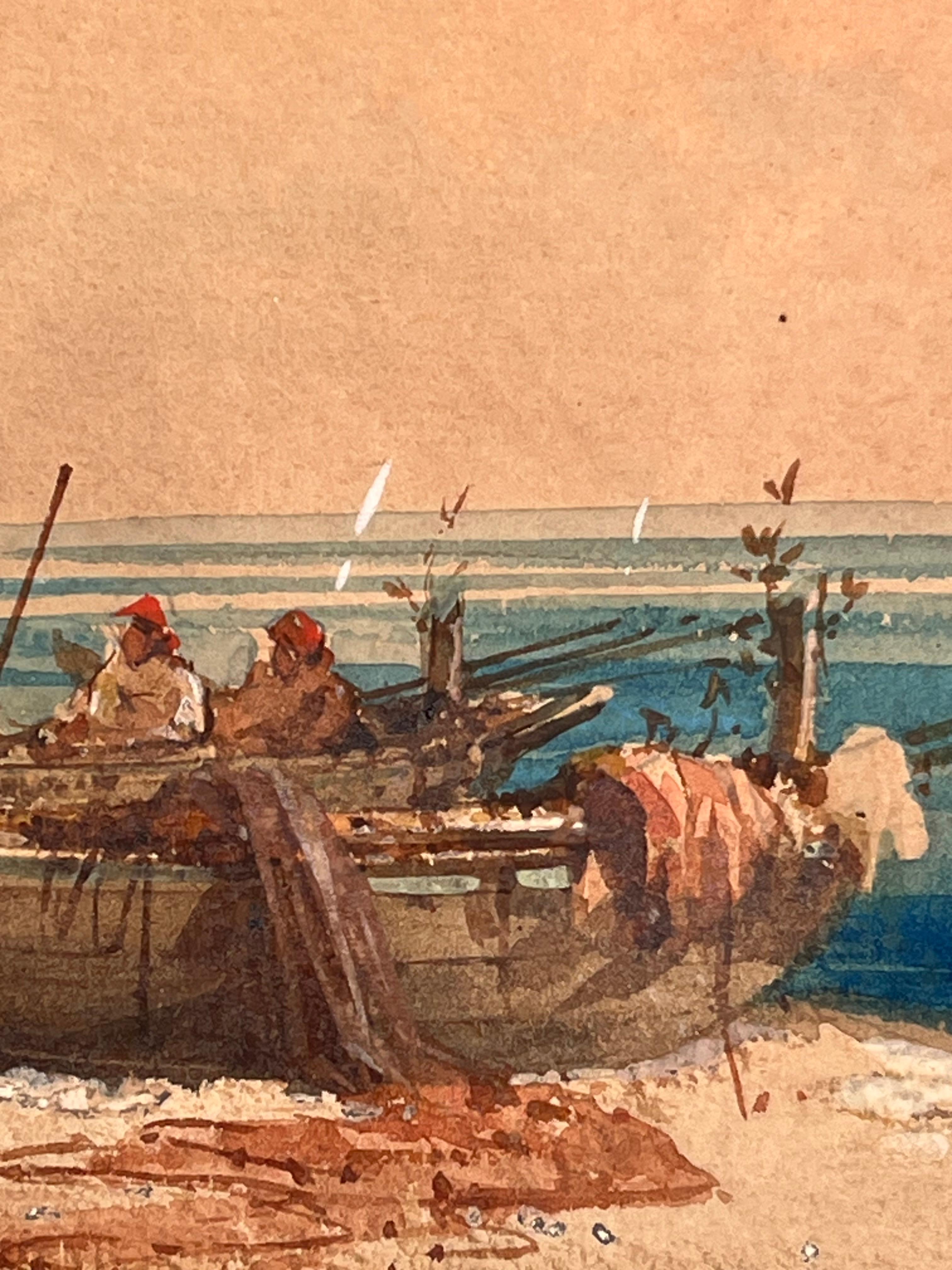 Acquerello italiano del XIX secolo con barche da pesca nel Golfo di Napoli. In condizioni buone in vendita a Vero Beach, FL