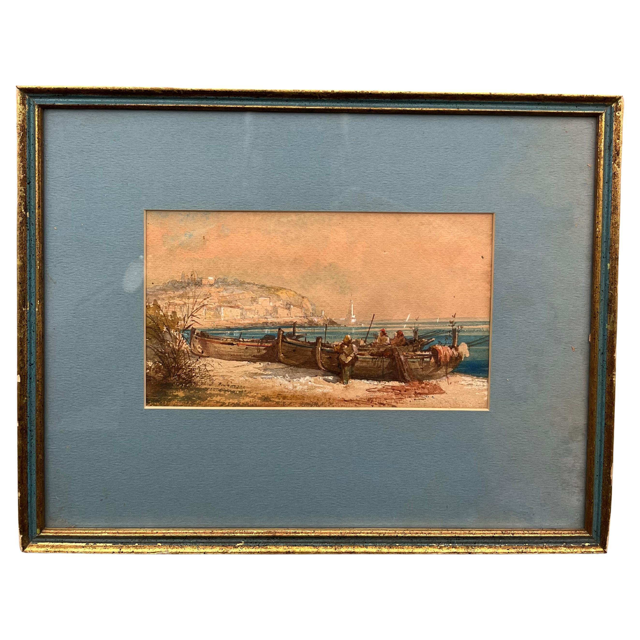 Aquarelle italienne du 19e siècle représentant des bateaux de pêche dans la baie de Naples.