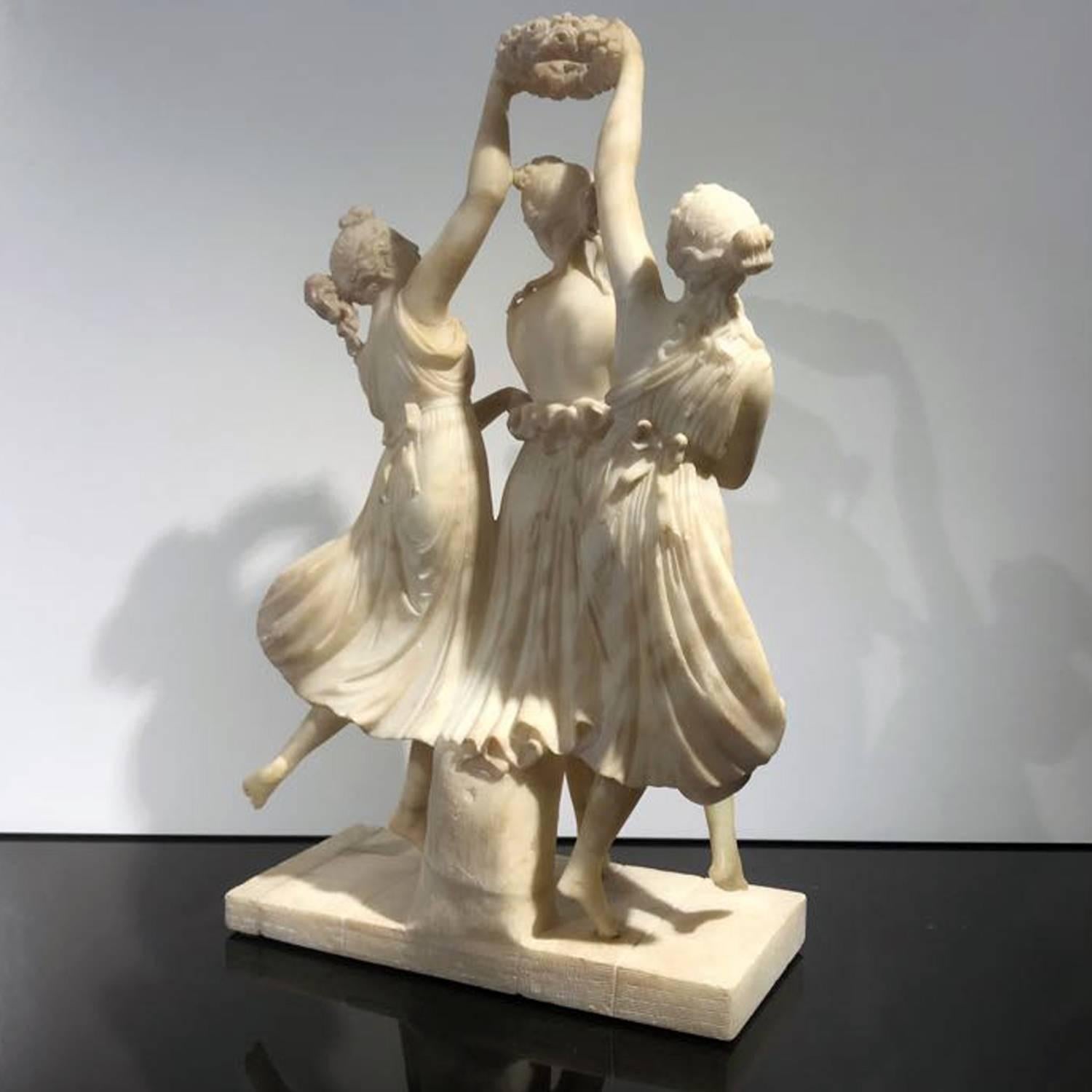 Hand-Carved 19th Century Italian White Alabaster Statue of the Three Graces